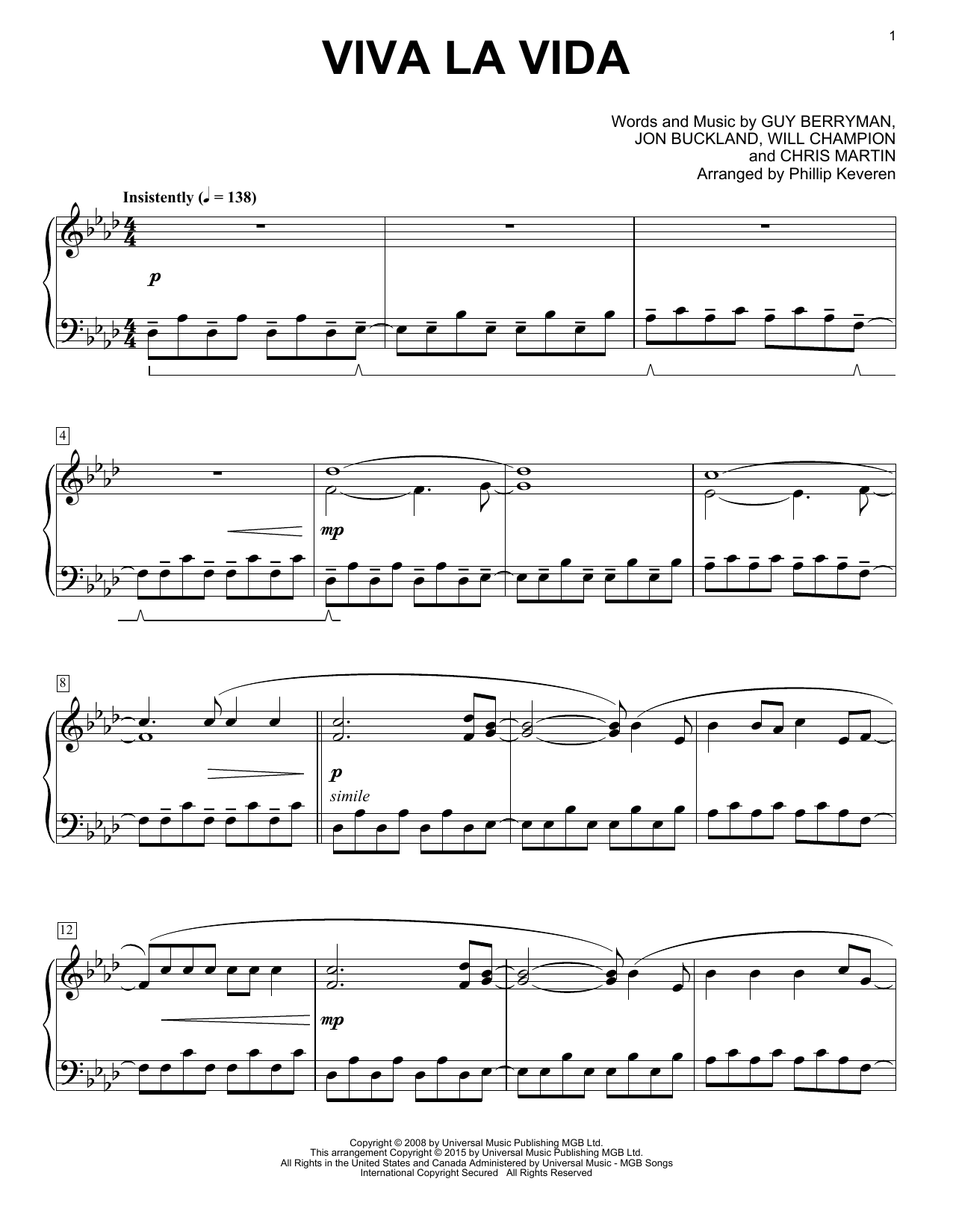 Coldplay Viva La Vida [Classical version] (arr. Phillip Keveren) sheet music notes and chords arranged for Piano Solo