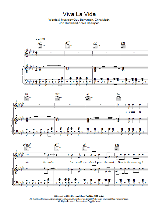 Coldplay Viva La Vida sheet music notes and chords arranged for Piano, Vocal & Guitar Chords (Right-Hand Melody)