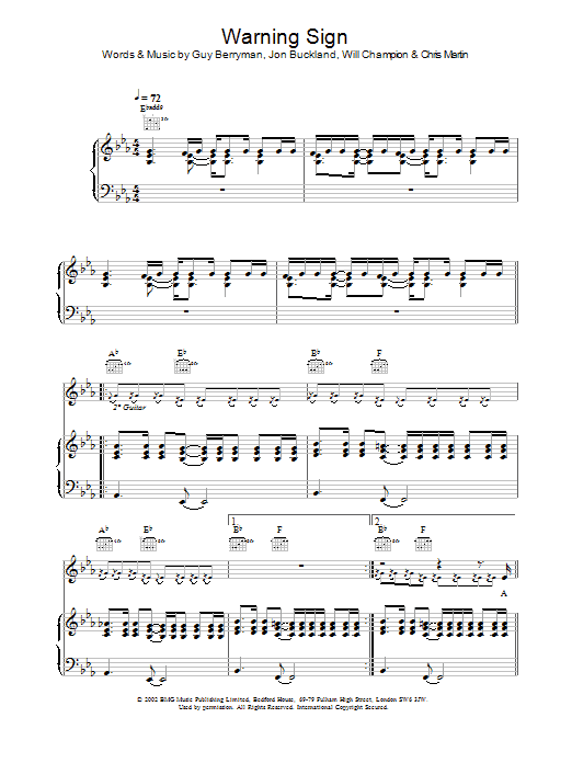 Coldplay Warning Sign sheet music notes and chords arranged for Piano Chords/Lyrics