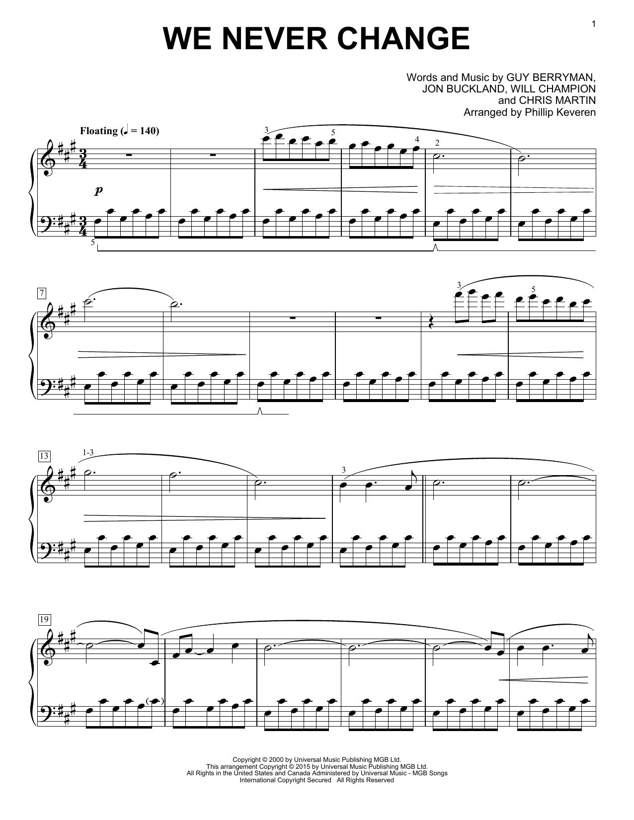 Coldplay We Never Change [Classical version] (arr. Phillip Keveren) sheet music notes and chords arranged for Piano Solo