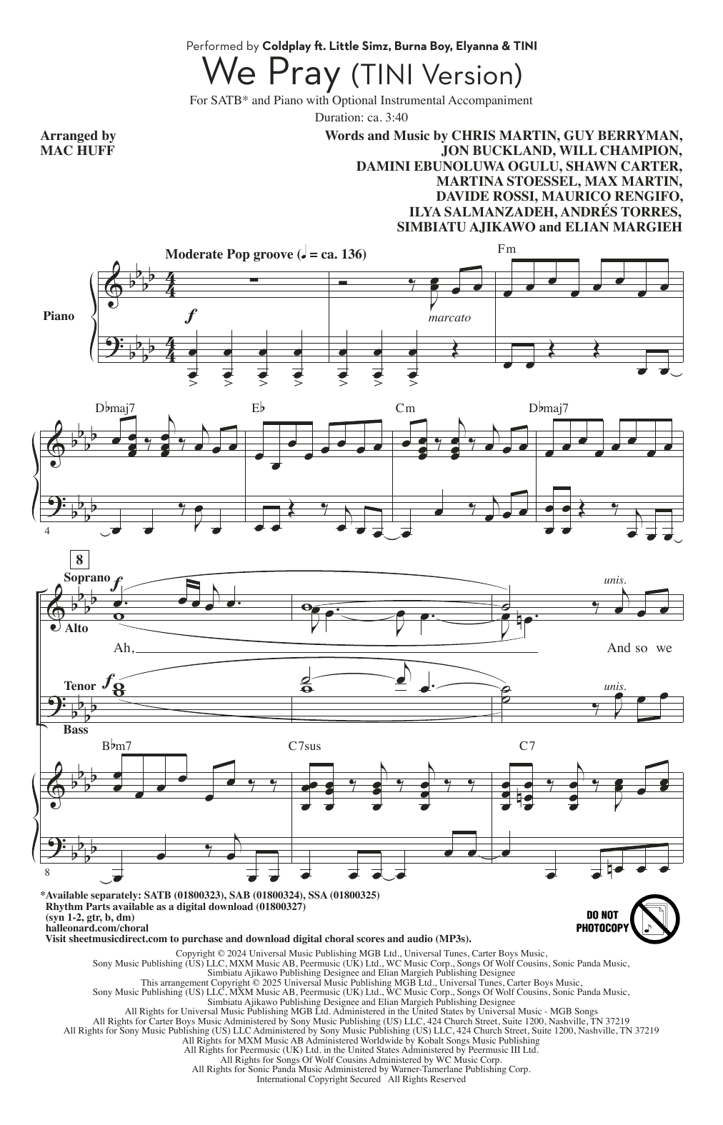 Coldplay We Pray - Tini Version (arr. Mac Huff) sheet music notes and chords arranged for SATB Choir