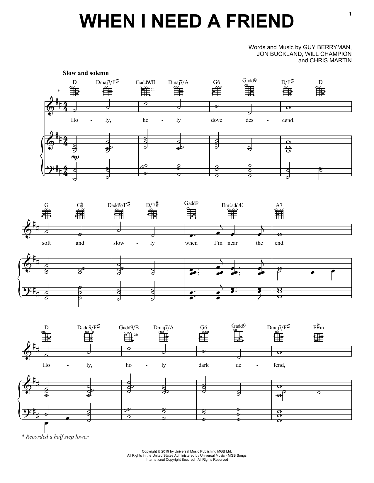 Coldplay When I Need A Friend sheet music notes and chords arranged for Piano, Vocal & Guitar Chords (Right-Hand Melody)