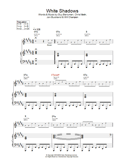 Coldplay White Shadows sheet music notes and chords arranged for Piano, Vocal & Guitar Chords