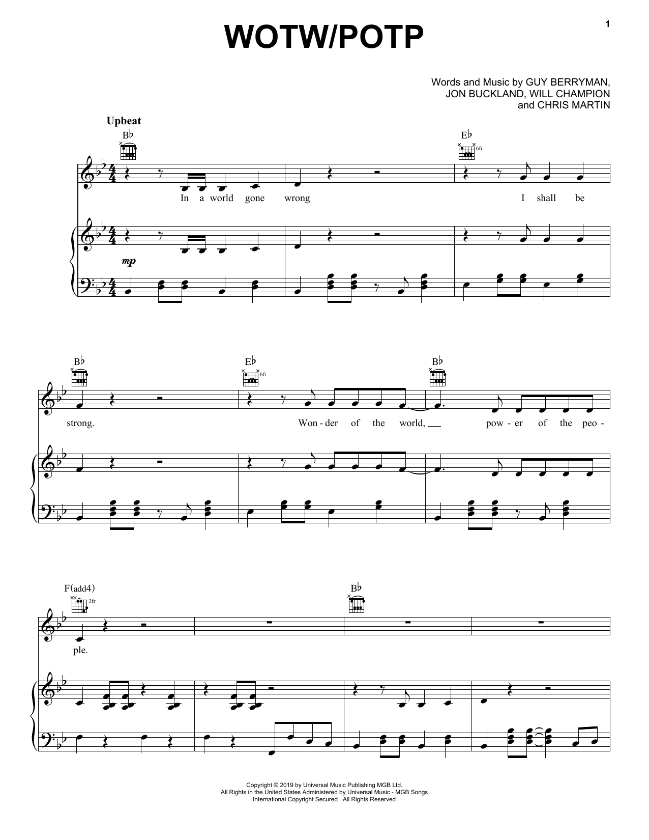 Coldplay WOTW / POTP sheet music notes and chords arranged for Piano, Vocal & Guitar Chords (Right-Hand Melody)