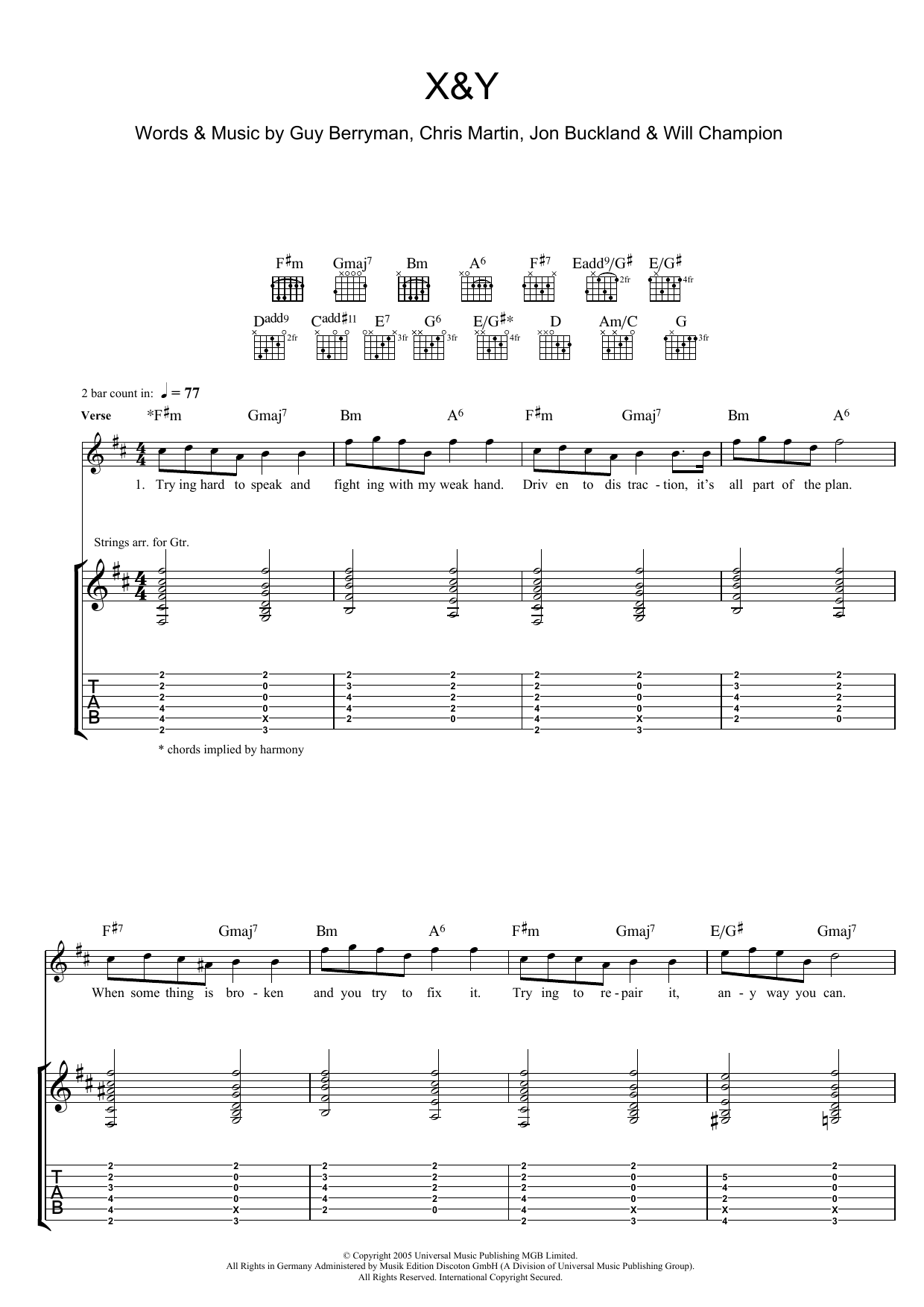 Coldplay X and Y sheet music notes and chords arranged for Piano Chords/Lyrics