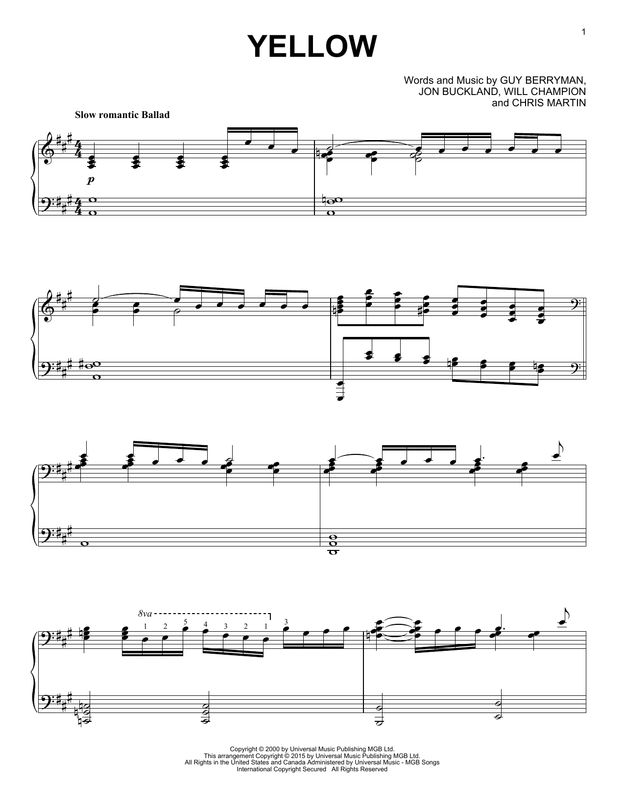 Coldplay Yellow [Jazz version] sheet music notes and chords arranged for Piano Solo