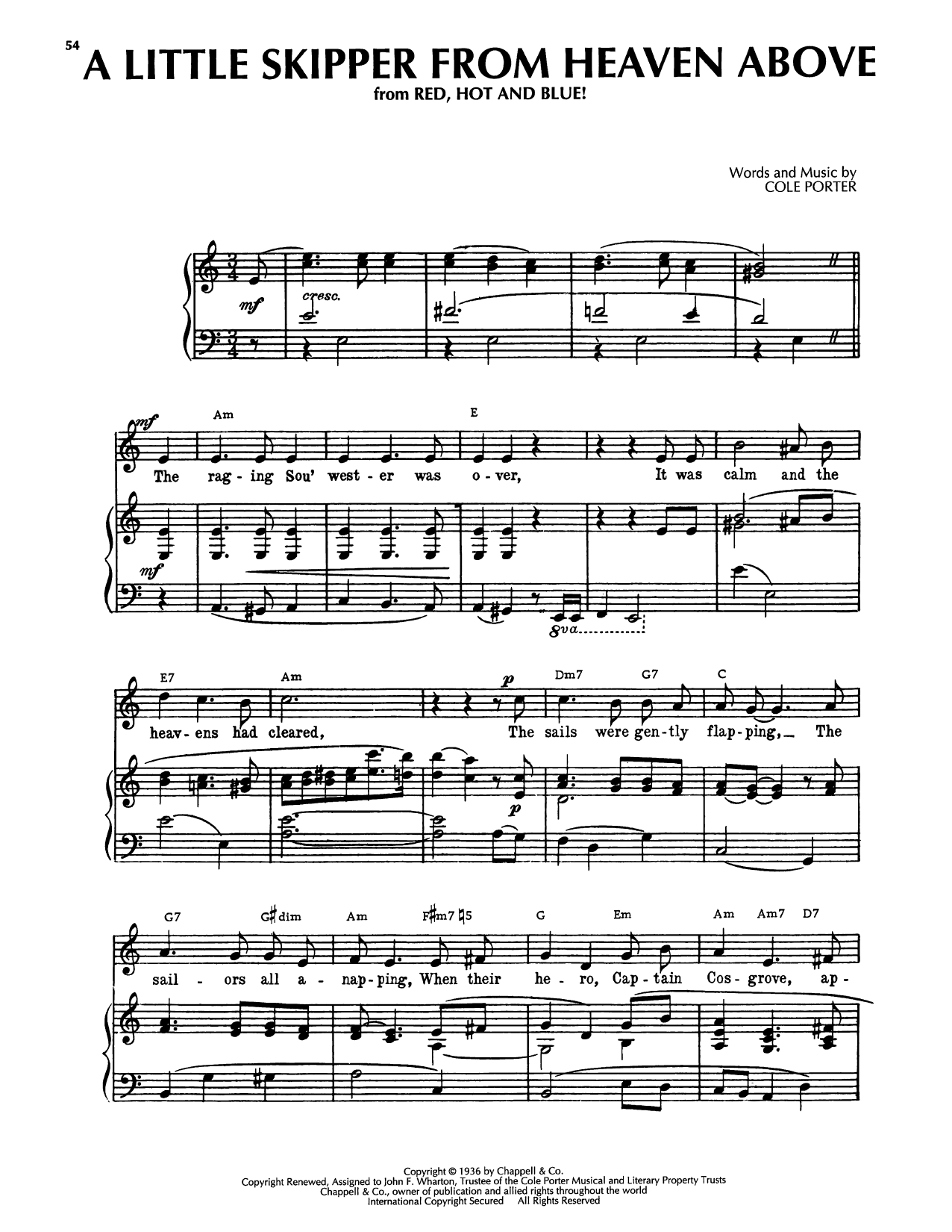 Cole Porter A Little Skipper From Heaven Above (from Red, Hot, And Blue) sheet music notes and chords arranged for Piano, Vocal & Guitar Chords (Right-Hand Melody)