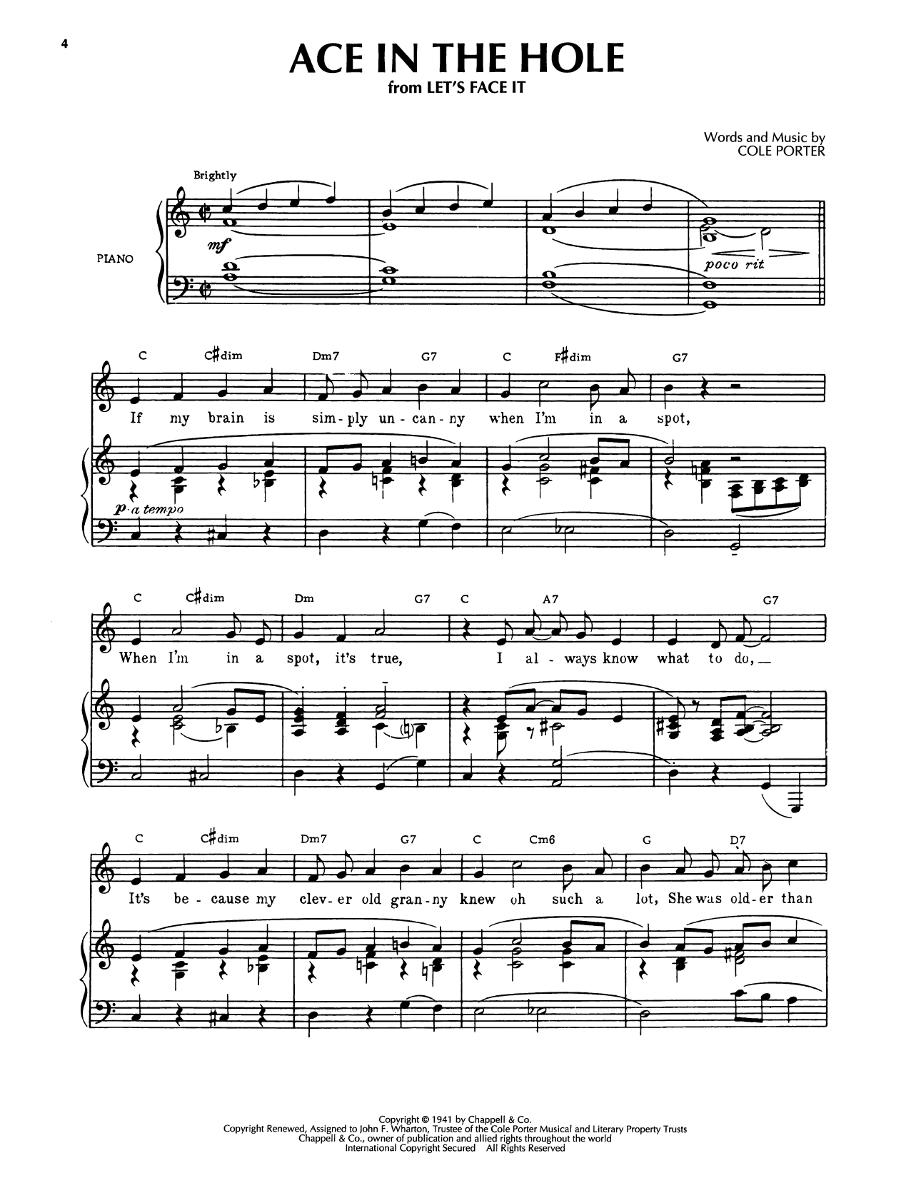 Cole Porter Ace In The Hole (from Let's Face It) sheet music notes and chords arranged for Piano, Vocal & Guitar Chords (Right-Hand Melody)
