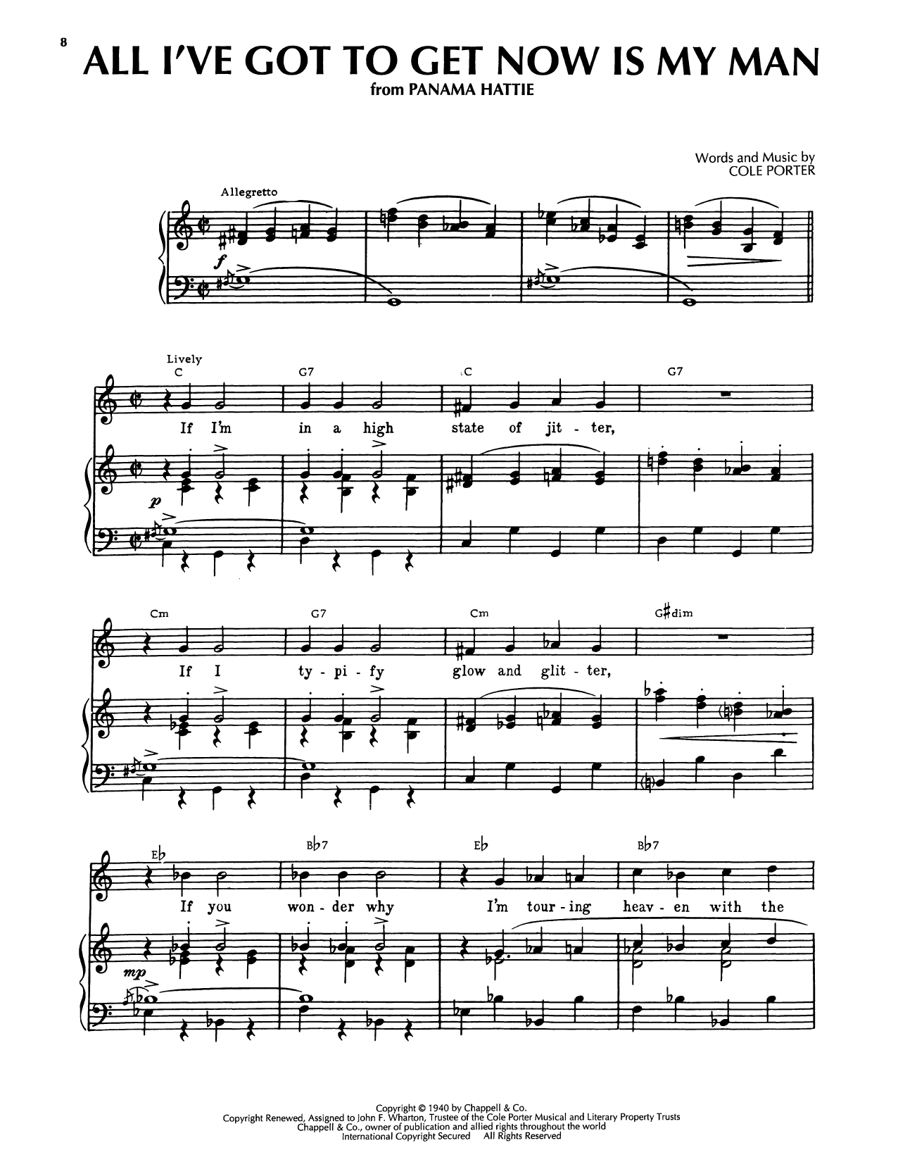 Cole Porter All I've Got To Get Now Is My Man (from Panama Hattie) sheet music notes and chords arranged for Piano, Vocal & Guitar Chords (Right-Hand Melody)