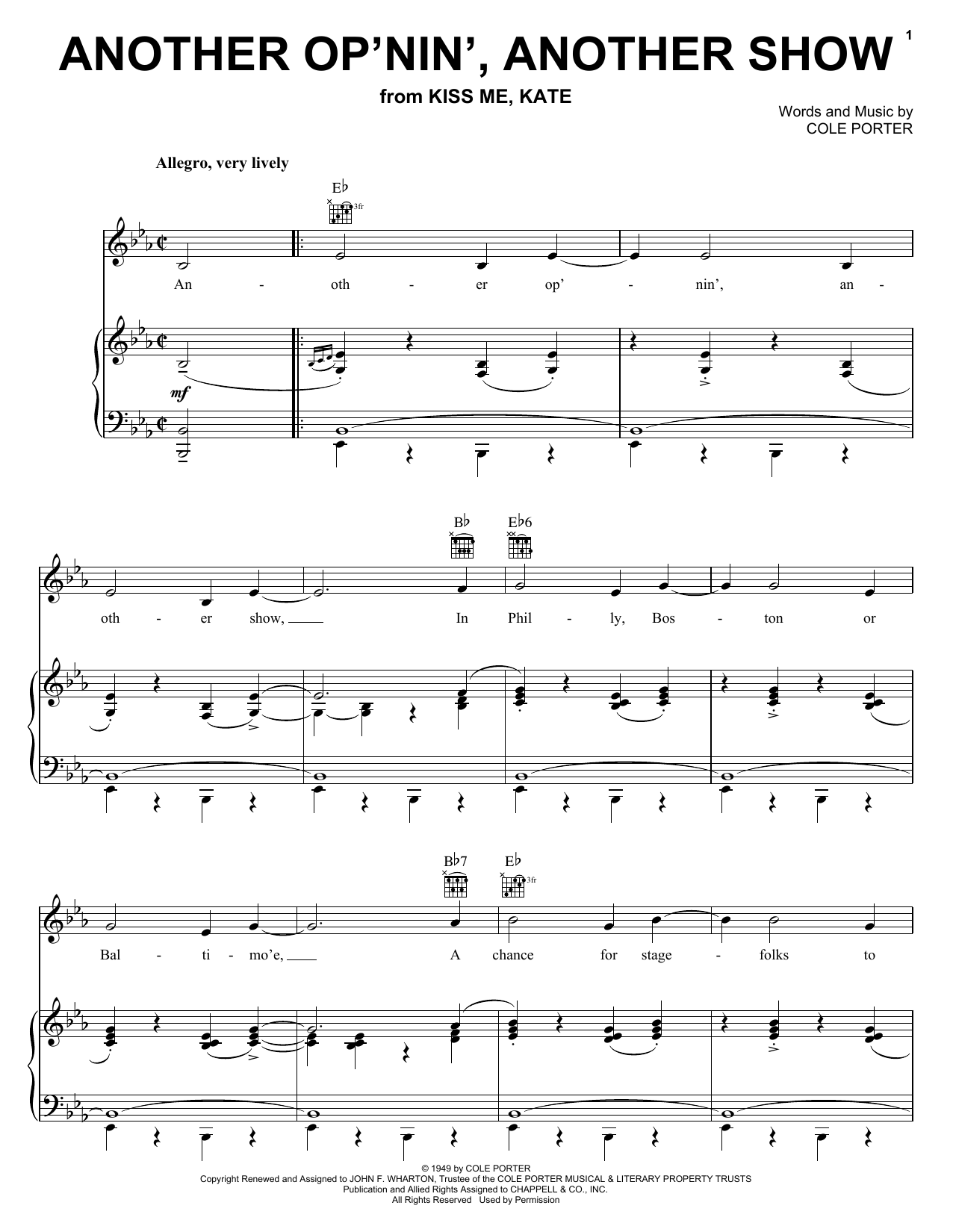 Cole Porter Another Op'nin', Another Show (from Kiss Me, Kate) sheet music notes and chords arranged for Easy Piano