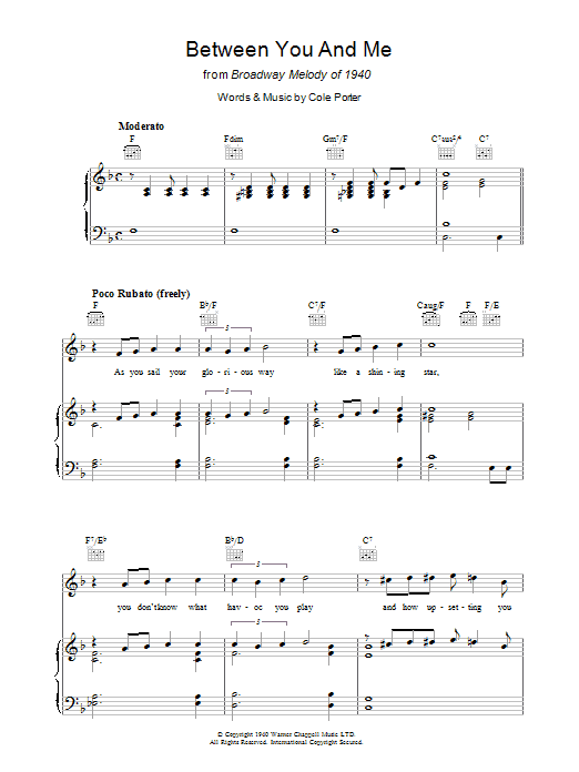 Cole Porter Between You And Me sheet music notes and chords arranged for Piano, Vocal & Guitar Chords