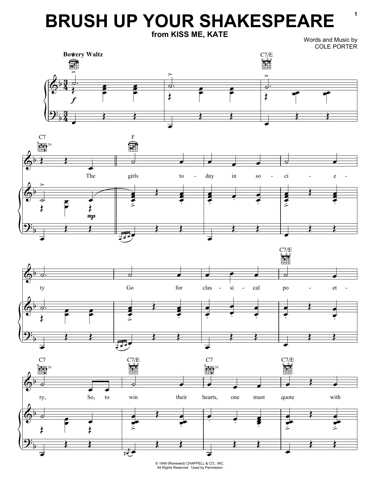 Cole Porter Brush Up Your Shakespeare (from Kiss Me, Kate) sheet music notes and chords arranged for Piano, Vocal & Guitar Chords (Right-Hand Melody)