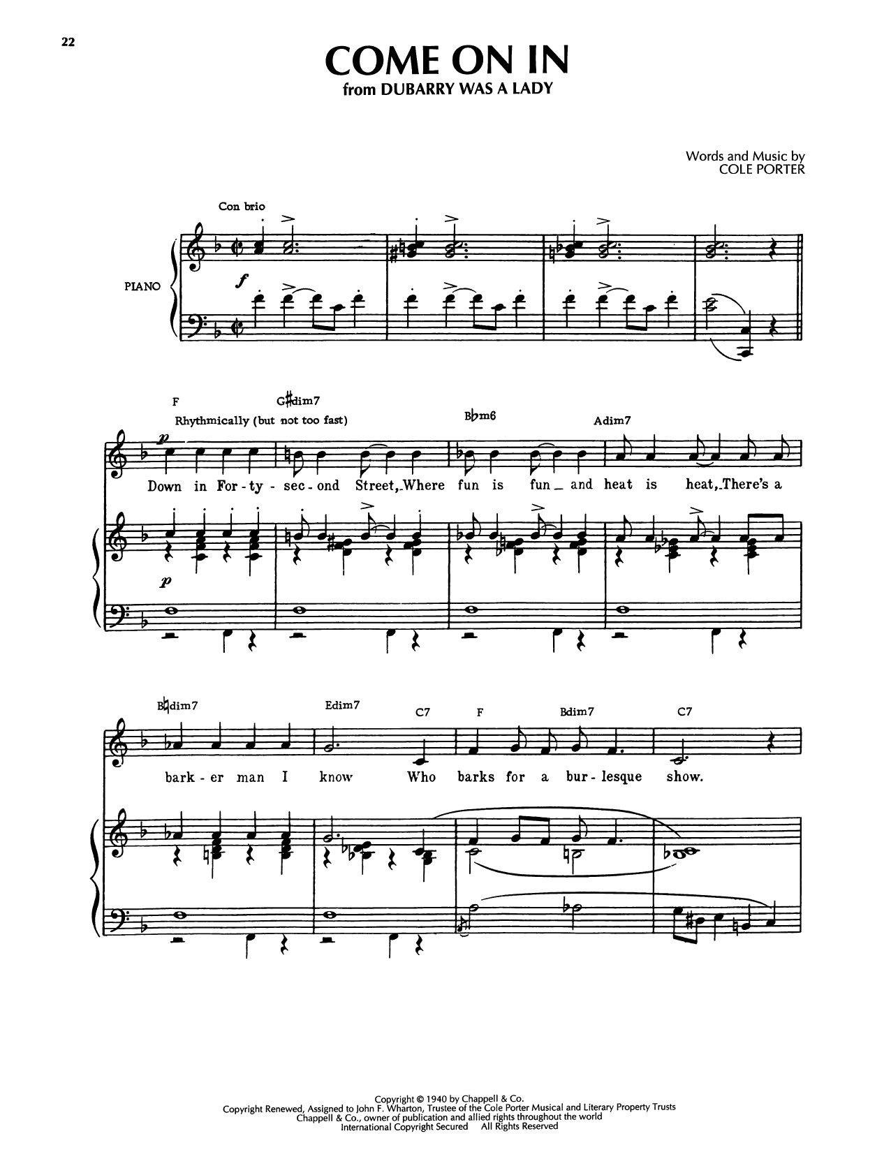 Cole Porter Come On In (from Kiss Me, Kate) sheet music notes and chords arranged for Piano, Vocal & Guitar Chords (Right-Hand Melody)