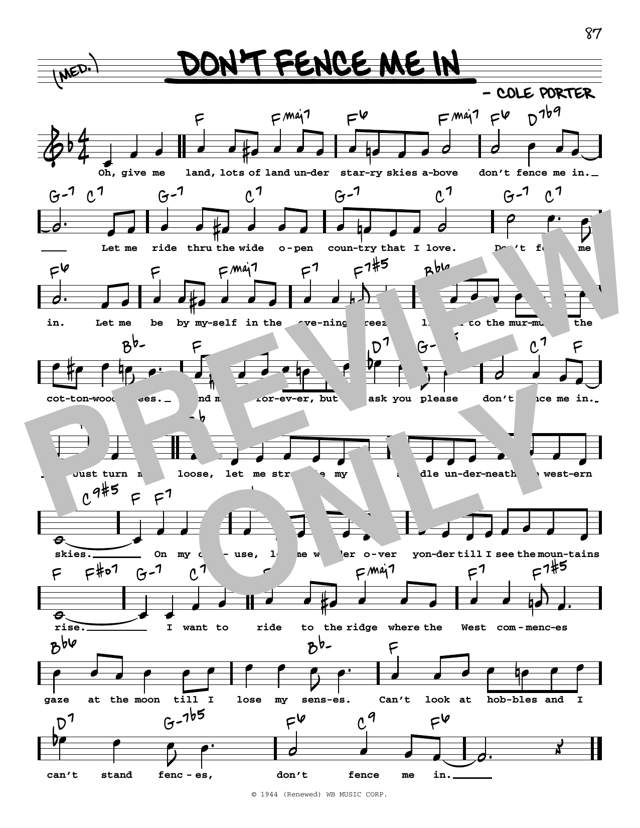 Cole Porter Don't Fence Me In (High Voice) sheet music notes and chords arranged for Real Book – Melody, Lyrics & Chords