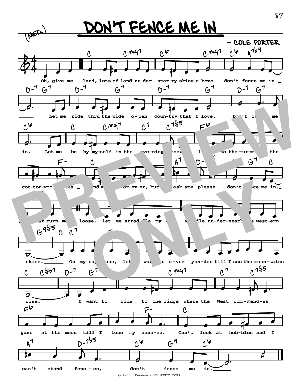 Cole Porter Don't Fence Me In (Low Voice) sheet music notes and chords arranged for Real Book – Melody, Lyrics & Chords