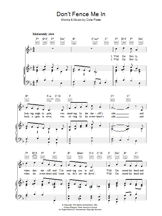 Cole Porter Don't Fence Me In sheet music notes and chords arranged for Piano, Vocal & Guitar Chords (Right-Hand Melody)