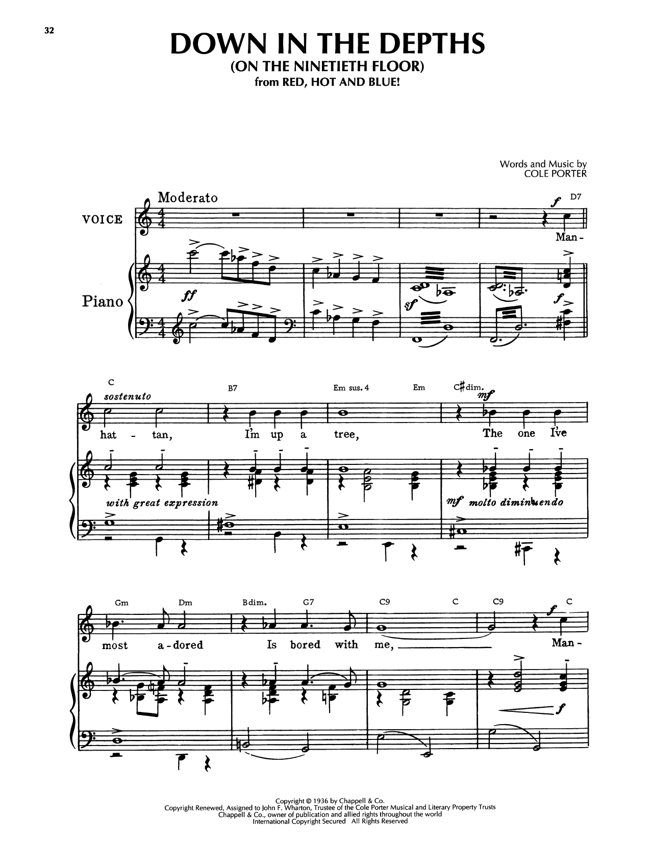 Cole Porter Down In The Depths (On The Ninetieth Floor) (from Red, Hot And Blue) sheet music notes and chords arranged for Piano, Vocal & Guitar Chords (Right-Hand Melody)