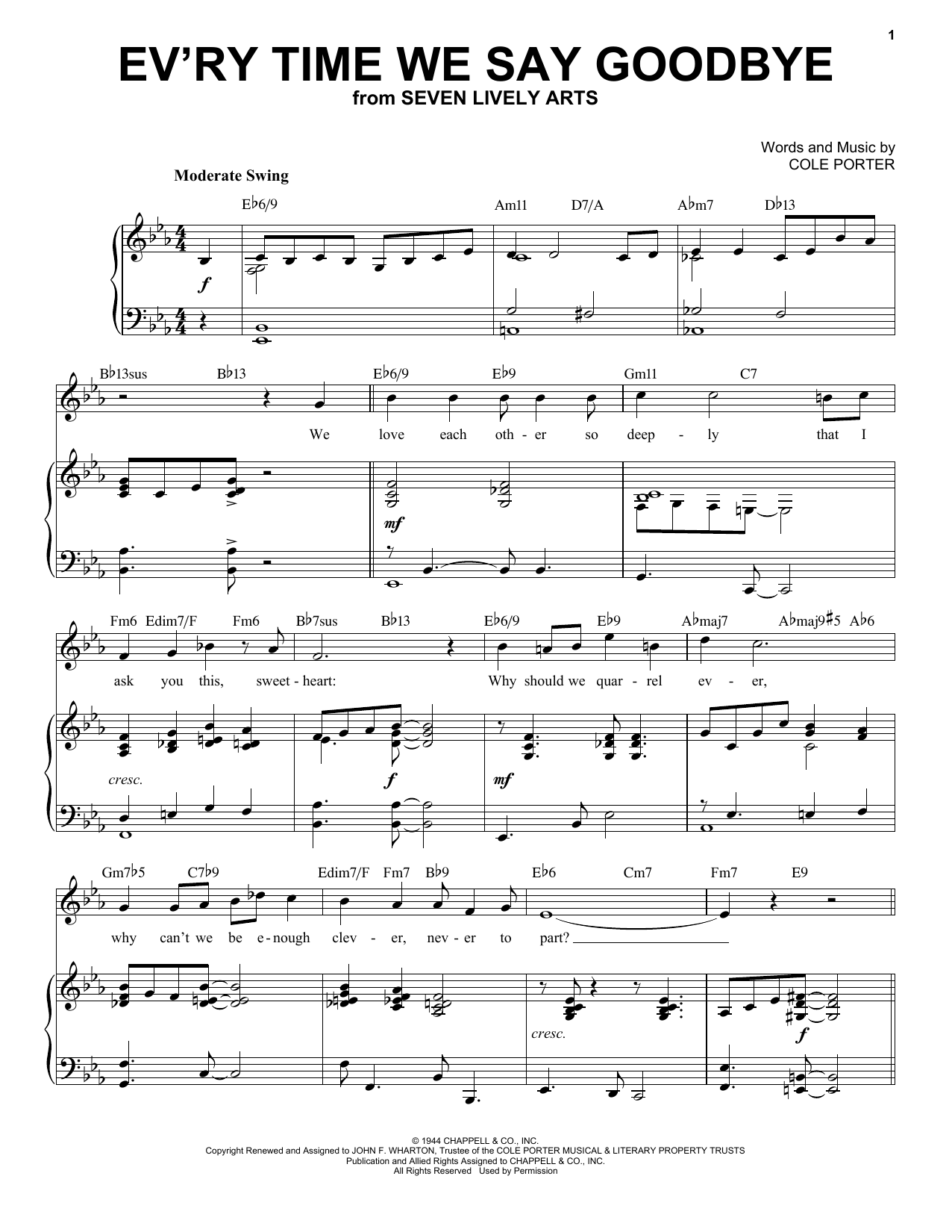 Cole Porter Ev'ry Time We Say Goodbye [Jazz version] (from Seven Lively Arts) (arr. Brent Edstrom) sheet music notes and chords arranged for Piano & Vocal