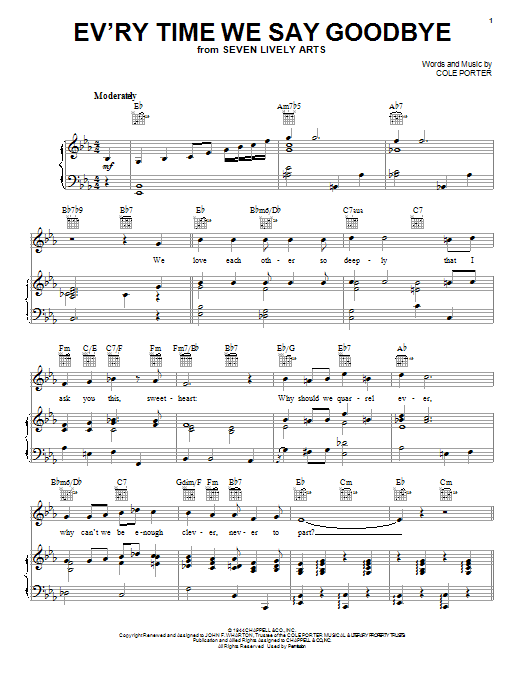 Cole Porter Ev'ry Time We Say Goodbye sheet music notes and chords arranged for Piano, Vocal & Guitar Chords