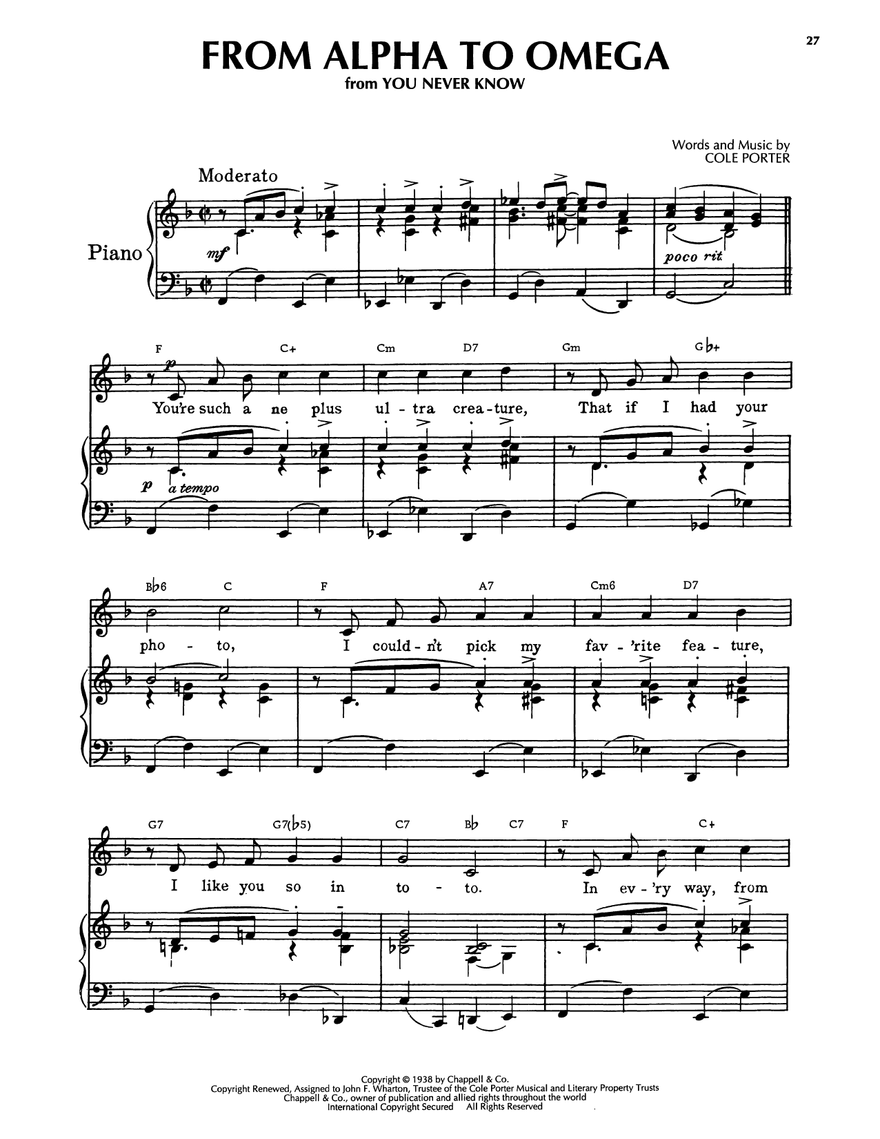 Cole Porter From Alpha To Omega (from At Long Last Love) sheet music notes and chords arranged for Piano, Vocal & Guitar Chords (Right-Hand Melody)