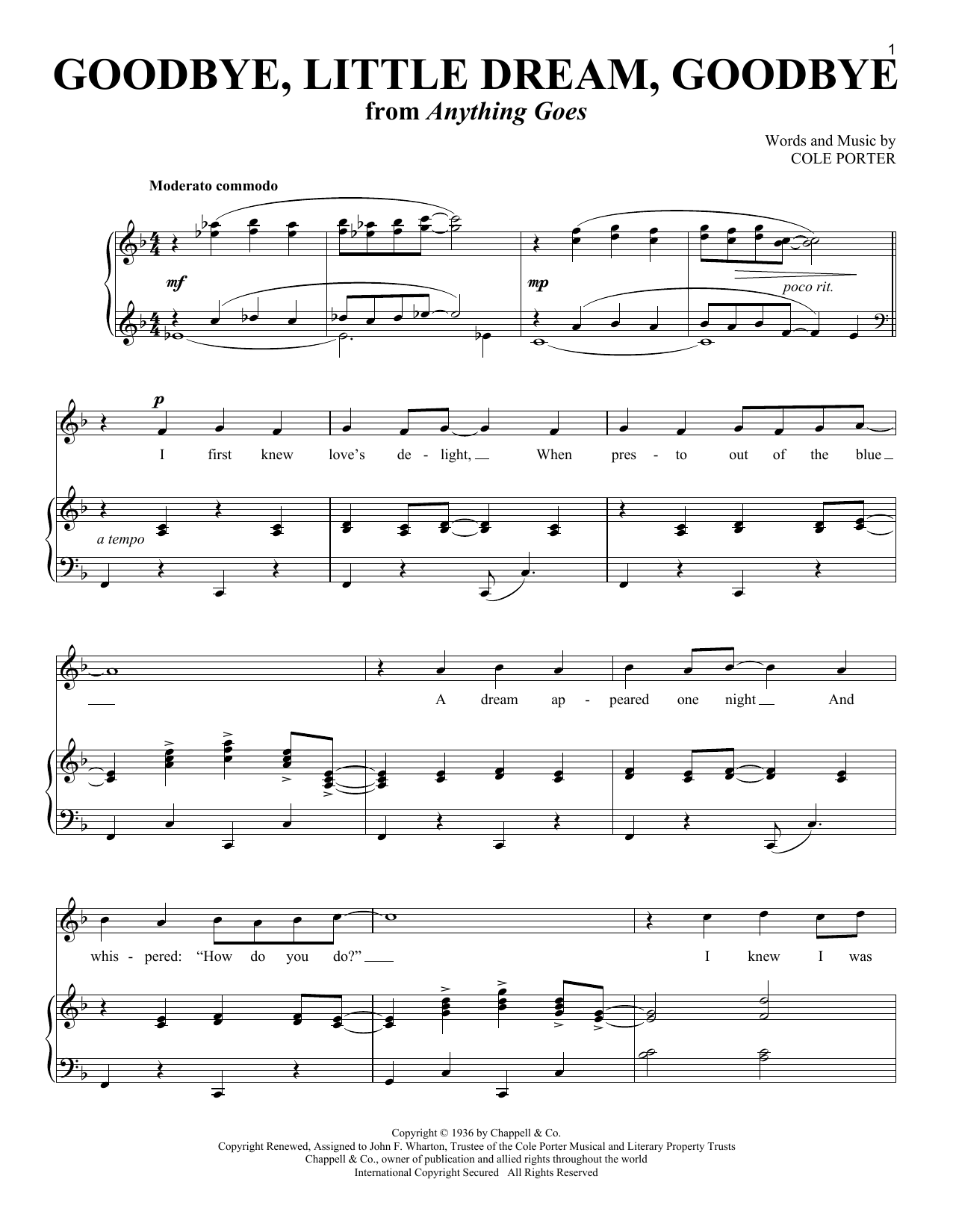 Cole Porter Goodbye, Little Dream, Goodbye (from Red, Hot, And Blue!) sheet music notes and chords arranged for Piano & Vocal