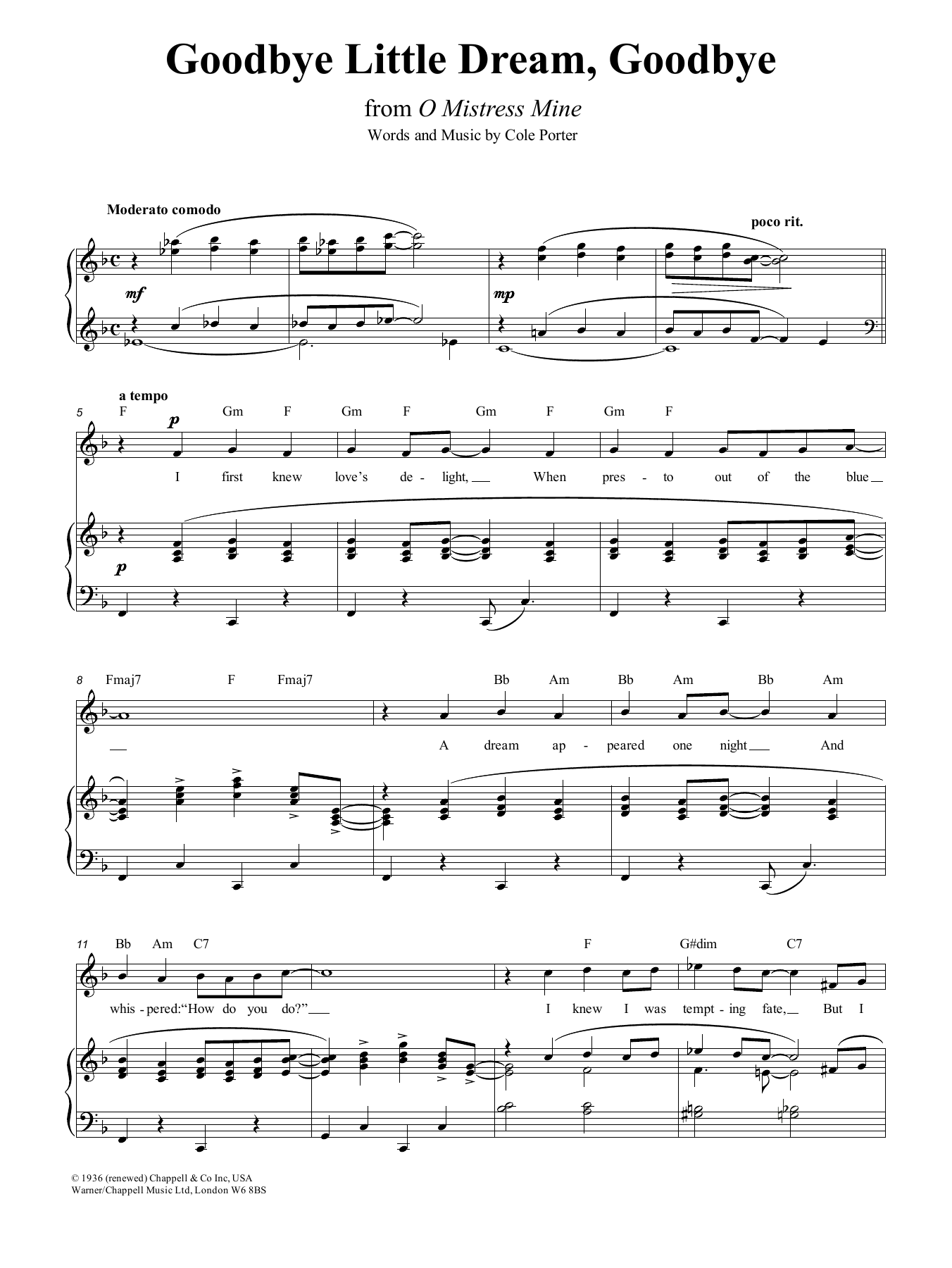 Cole Porter Goodbye, Little Dream, Goodbye sheet music notes and chords arranged for Piano, Vocal & Guitar Chords (Right-Hand Melody)