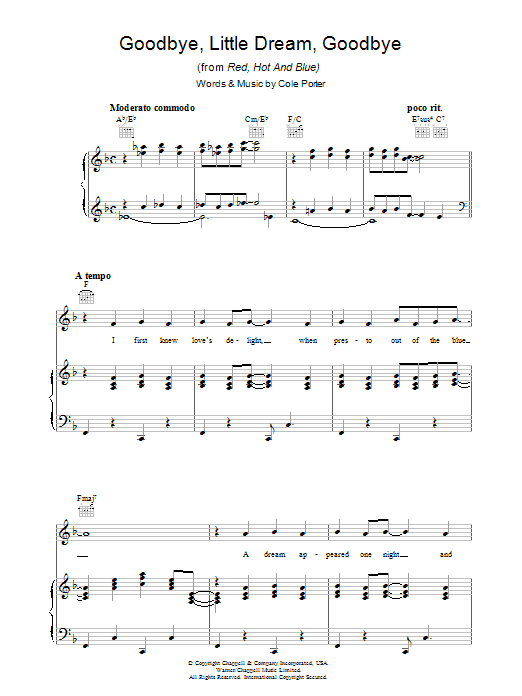 Cole Porter Goodbye Little Dream sheet music notes and chords arranged for Piano, Vocal & Guitar Chords