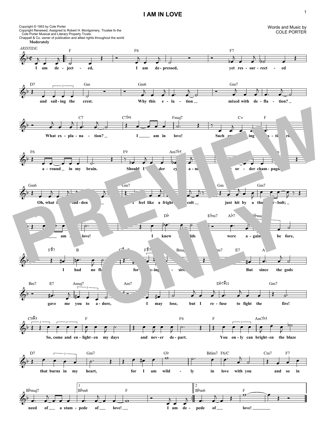 Cole Porter I Am In Love sheet music notes and chords arranged for Lead Sheet / Fake Book