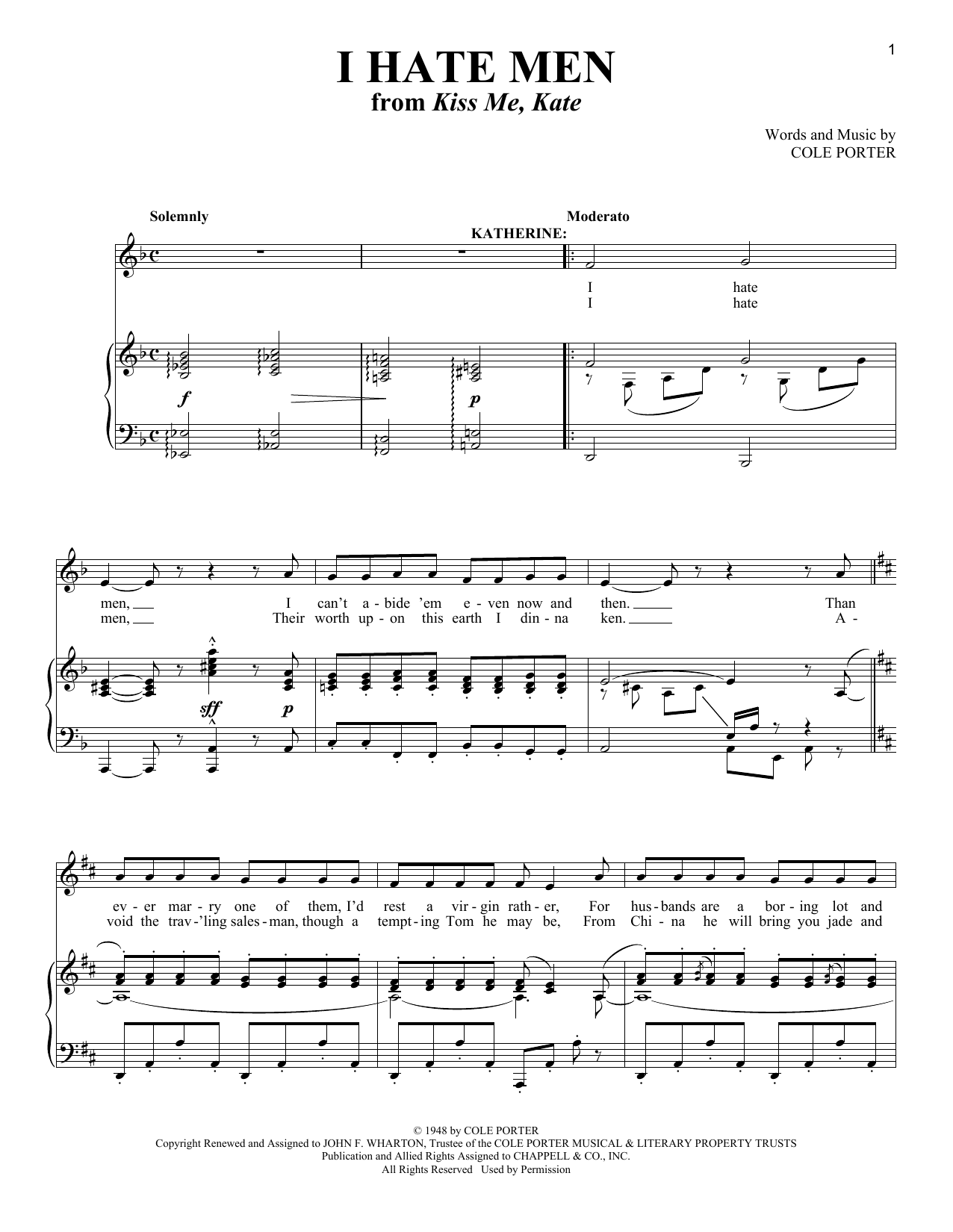 Cole Porter I Hate Men (from Kiss Me Kate) (arr. Richard Walters) sheet music notes and chords arranged for Piano & Vocal