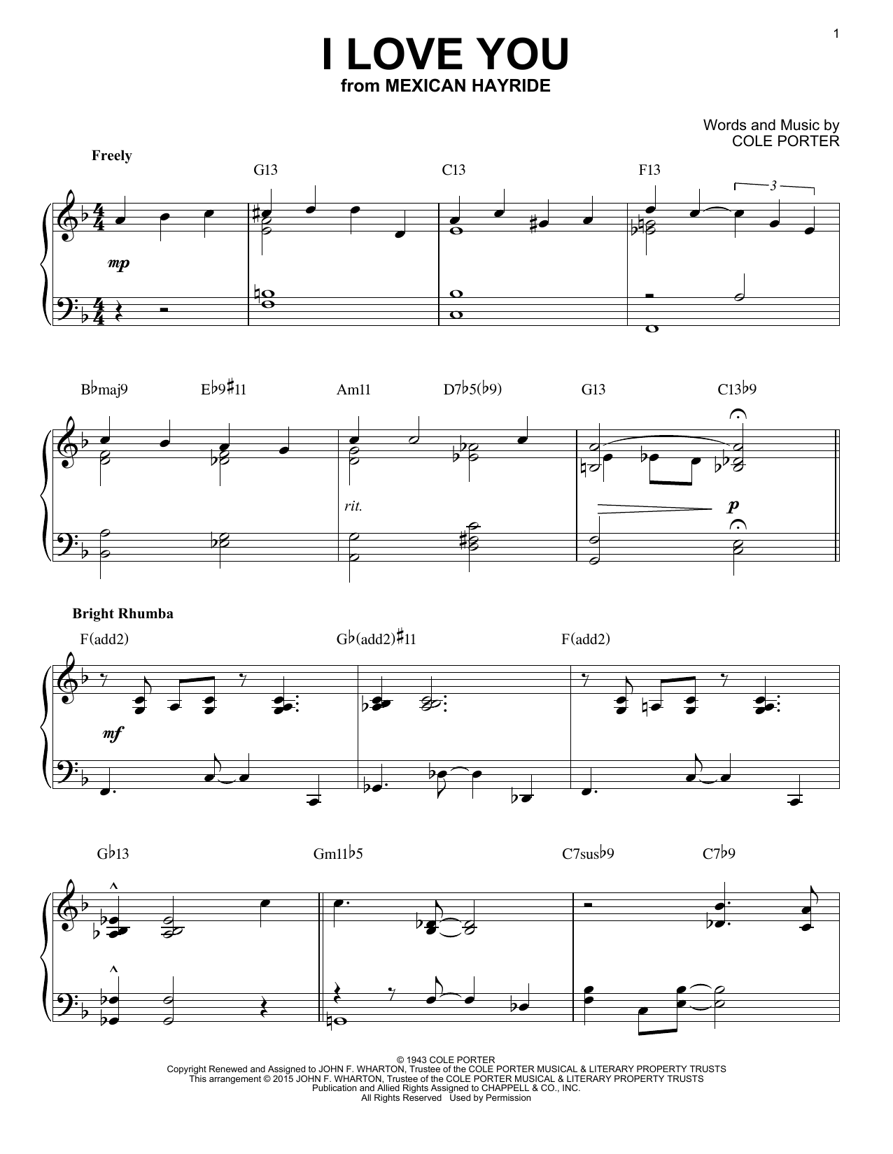 Cole Porter I Love You [Jazz version] (arr. Brent Edstrom) sheet music notes and chords arranged for Piano Solo
