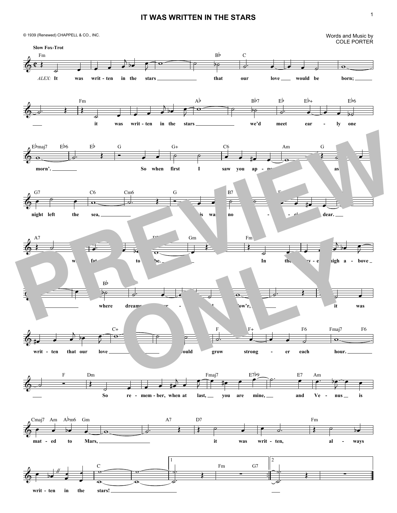 Cole Porter It Was Written In The Stars sheet music notes and chords arranged for Lead Sheet / Fake Book