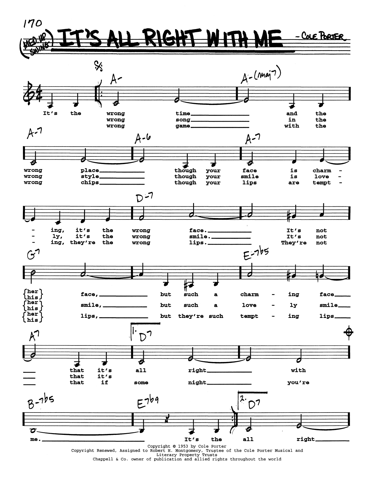 Cole Porter It's All Right With Me (Low Voice) sheet music notes and chords arranged for Real Book – Melody, Lyrics & Chords
