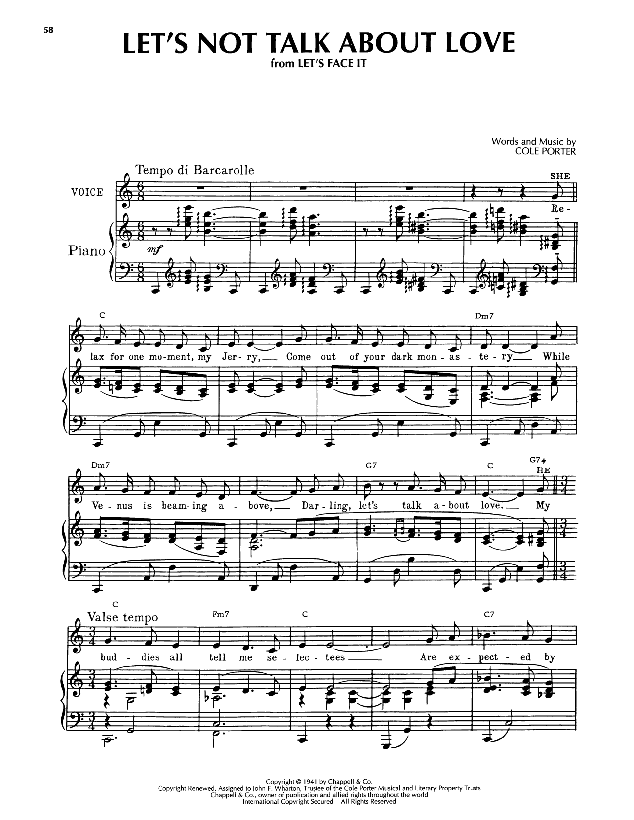 Cole Porter Let's Not Talk About Love (from Let's Face It) sheet music notes and chords arranged for Piano, Vocal & Guitar Chords (Right-Hand Melody)