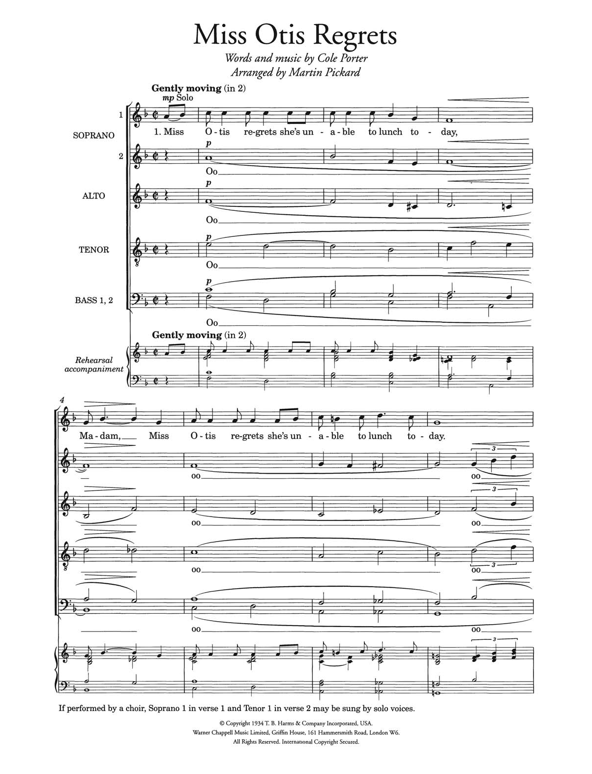 Cole Porter Miss Otis Regrets (arr. Martin Pickard) sheet music notes and chords arranged for SSATBB Choir