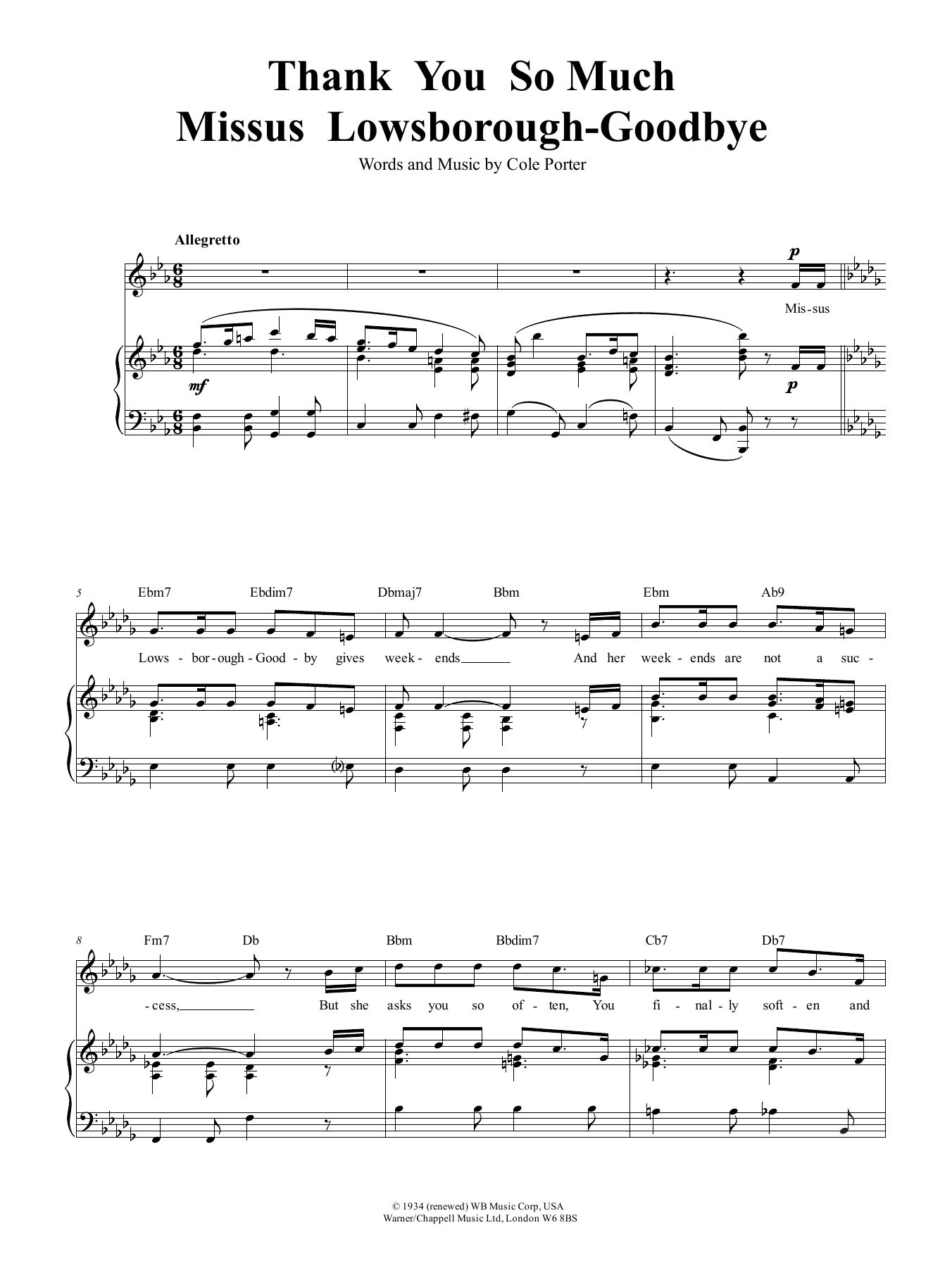 Cole Porter Thank You So Much, Mrs Lowsborough-Goodby sheet music notes and chords arranged for Piano, Vocal & Guitar Chords (Right-Hand Melody)