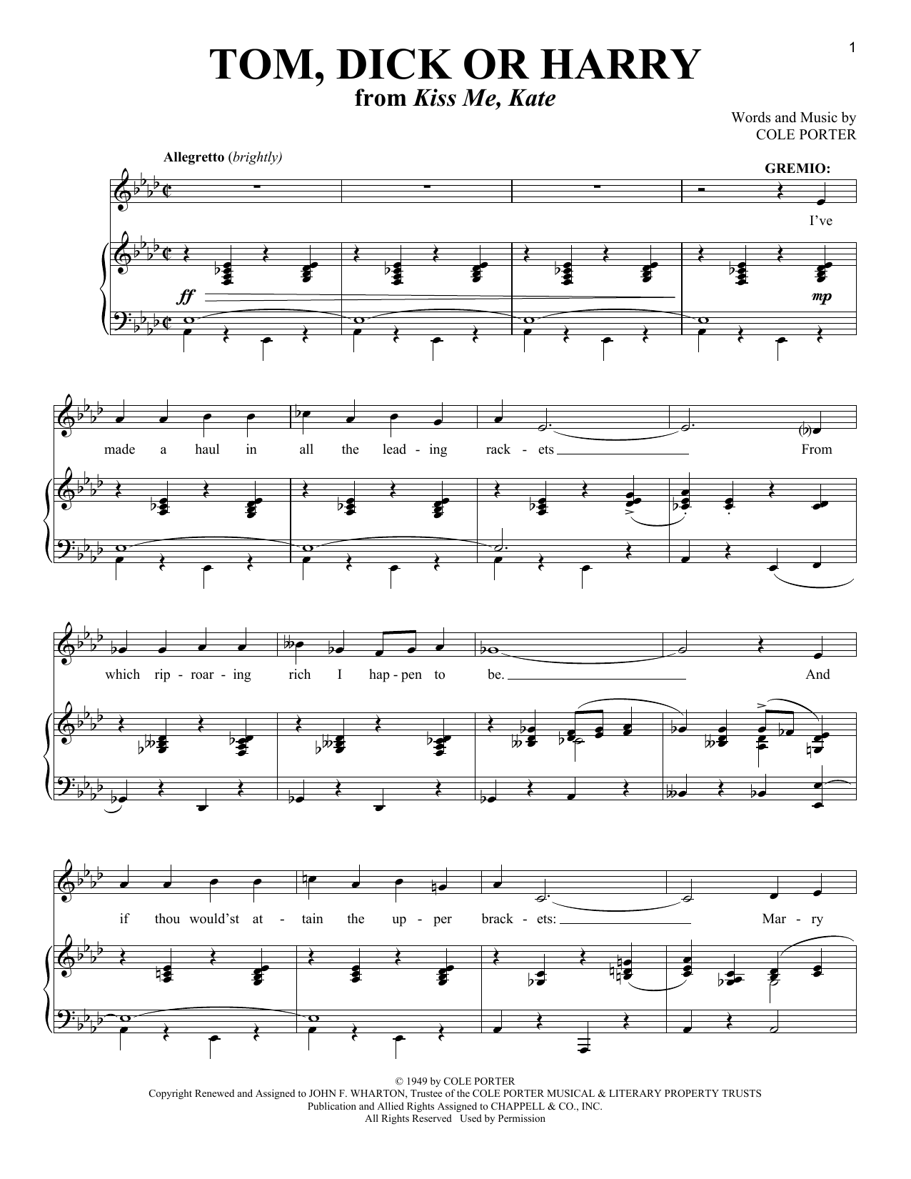 Cole Porter Tom, Dick Or Harry (from Kiss Me, Kate) sheet music notes and chords arranged for Piano & Vocal