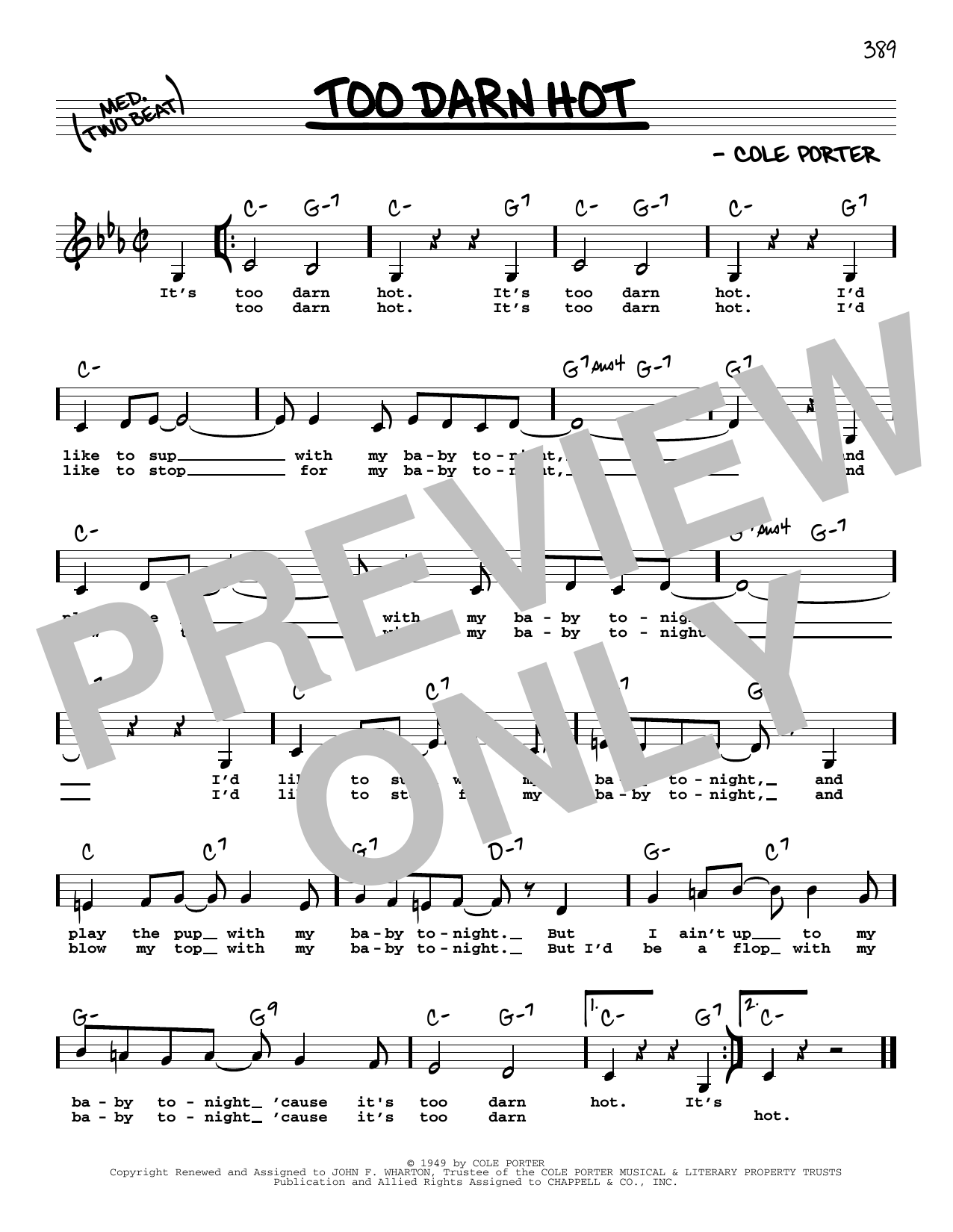 Cole Porter Too Darn Hot (Low Voice) sheet music notes and chords arranged for Real Book – Melody, Lyrics & Chords