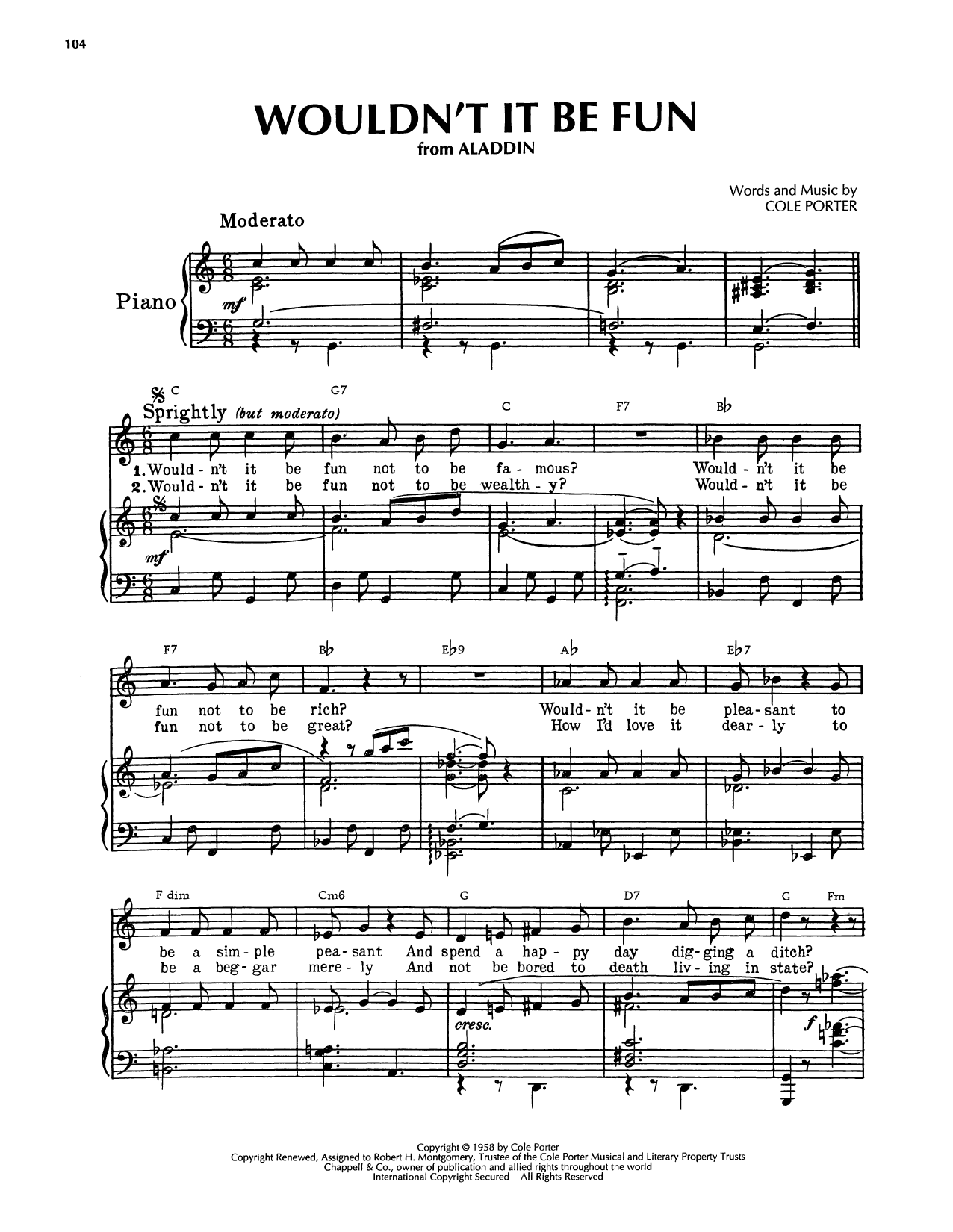 Cole Porter Wouldn't It Be Fun sheet music notes and chords arranged for Piano, Vocal & Guitar Chords (Right-Hand Melody)