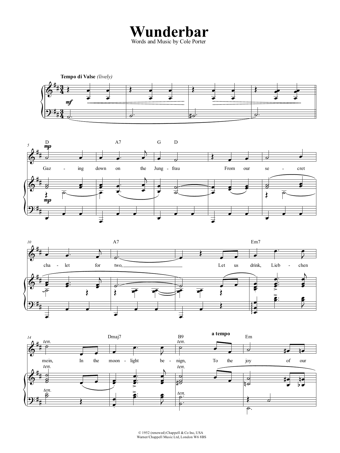 Cole Porter Wunderbar (from Kiss Me, Kate) sheet music notes and chords arranged for Piano, Vocal & Guitar Chords (Right-Hand Melody)