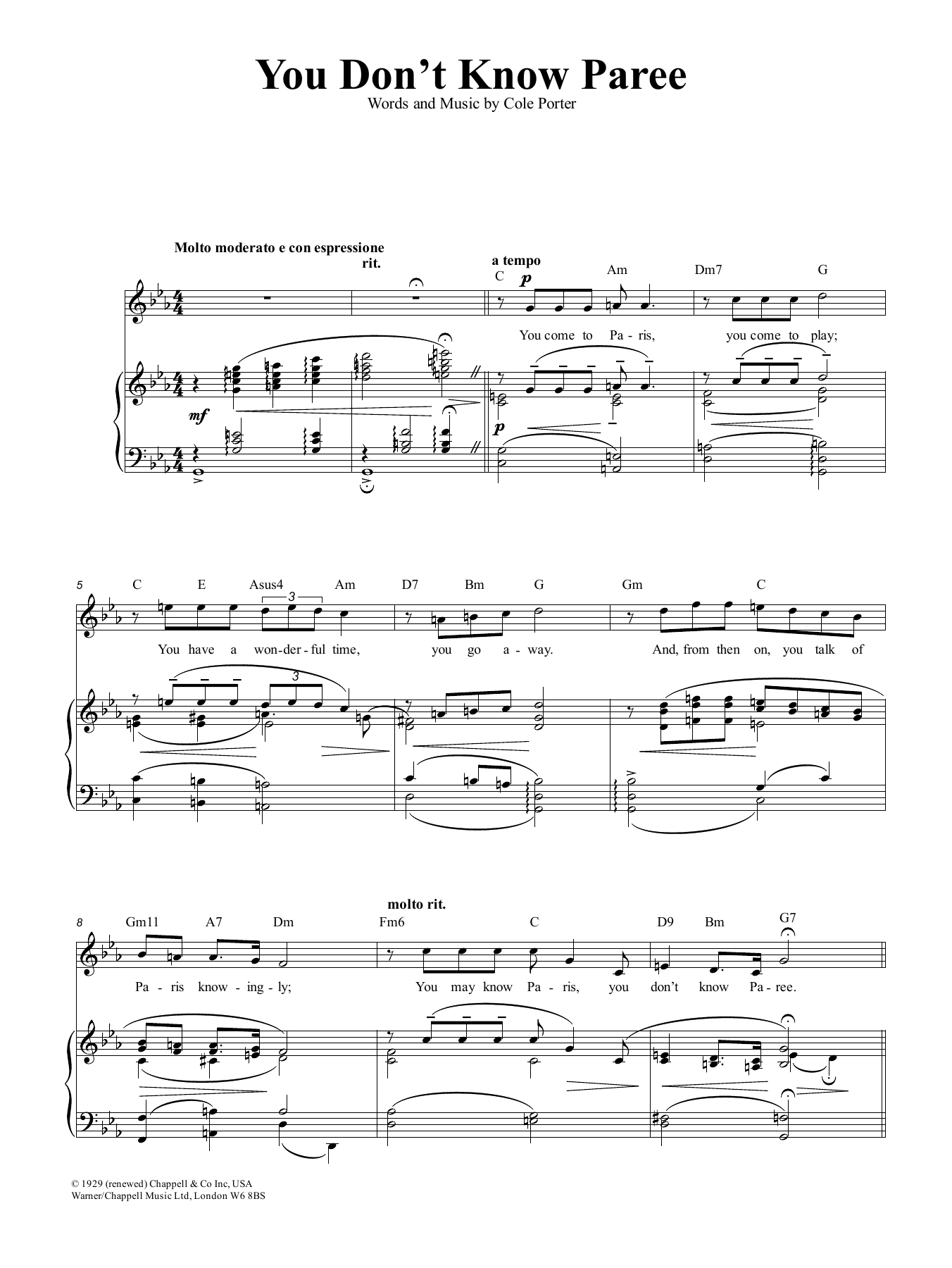Cole Porter You Don't Know Paree sheet music notes and chords arranged for Piano, Vocal & Guitar Chords (Right-Hand Melody)