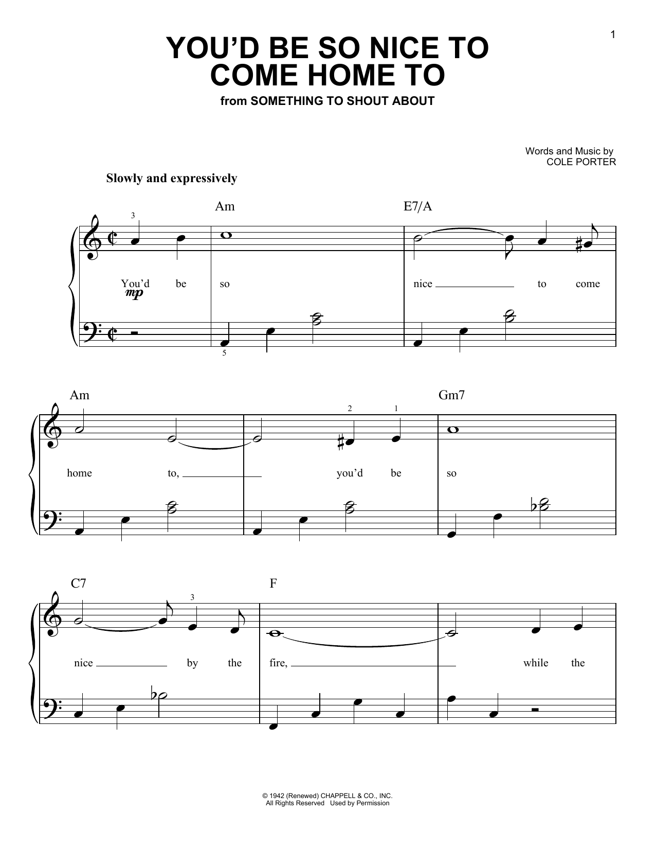 Cole Porter You'd Be So Nice To Come Home To sheet music notes and chords arranged for Super Easy Piano