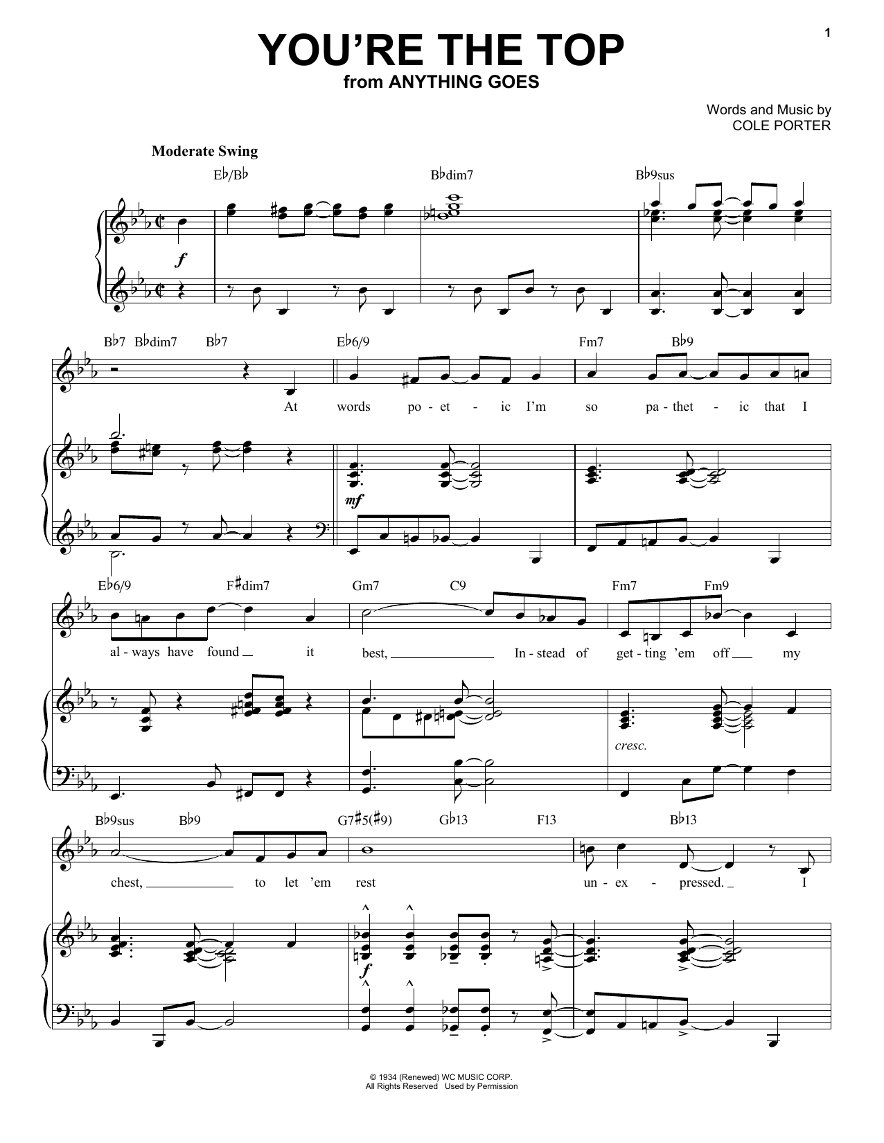 Cole Porter You're The Top [Jazz version] (from Anything Goes) (arr. Brent Edstrom) sheet music notes and chords arranged for Piano & Vocal