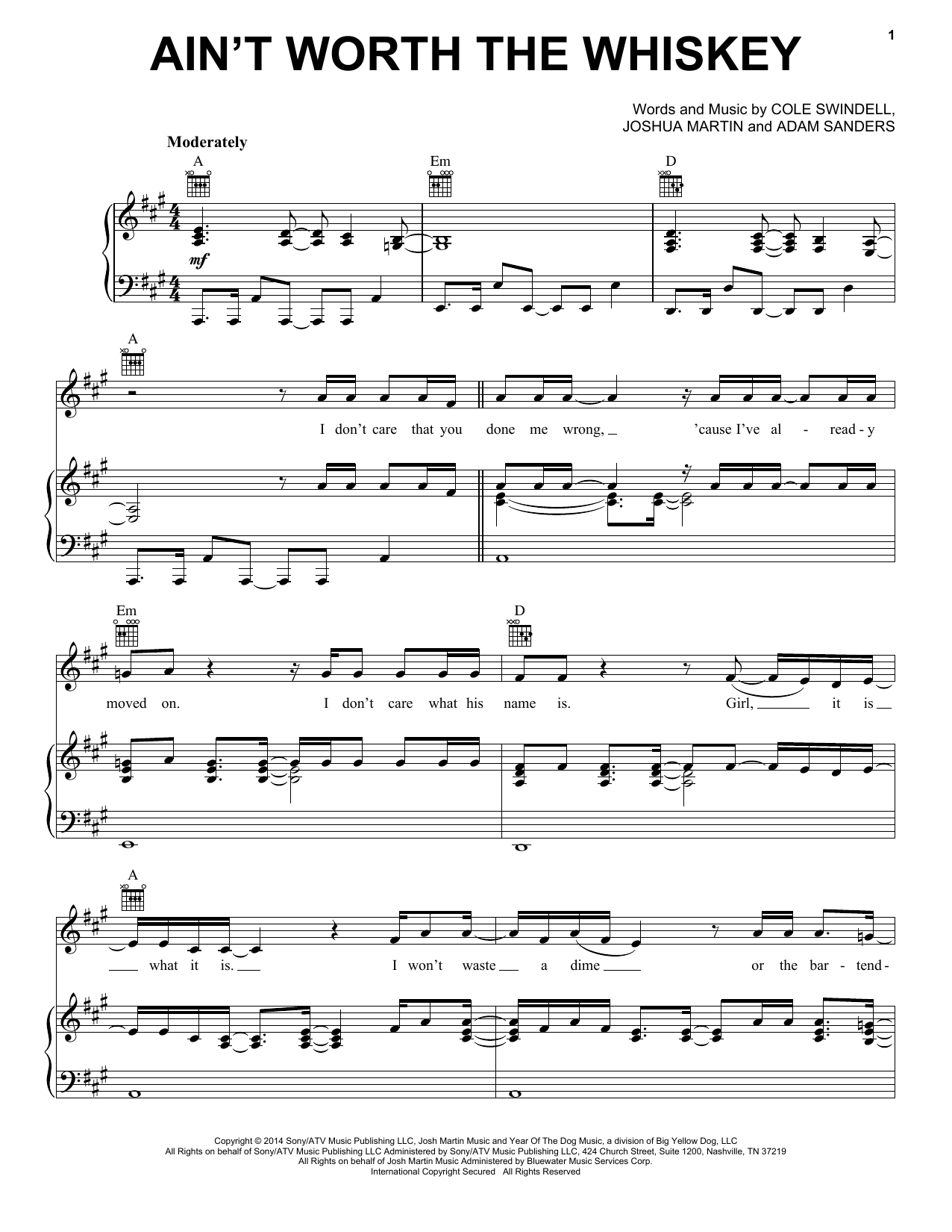 Cole Swindell Ain't Worth The Whiskey sheet music notes and chords arranged for Piano, Vocal & Guitar Chords (Right-Hand Melody)