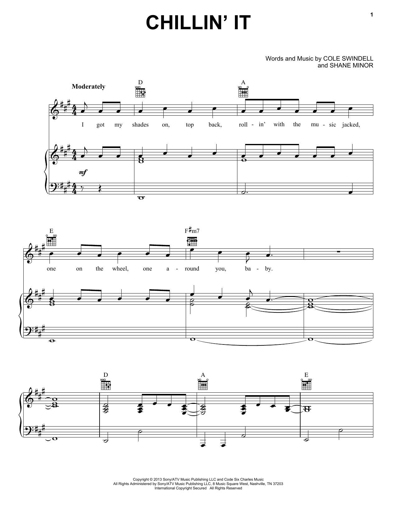 Cole Swindell Chillin' It sheet music notes and chords arranged for Piano, Vocal & Guitar Chords (Right-Hand Melody)