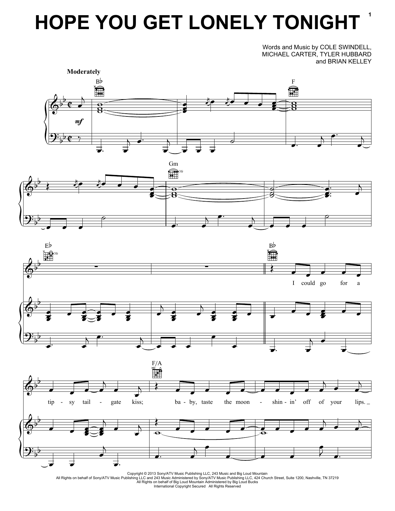 Cole Swindell Hope You Get Lonely Tonight sheet music notes and chords arranged for Piano, Vocal & Guitar Chords (Right-Hand Melody)
