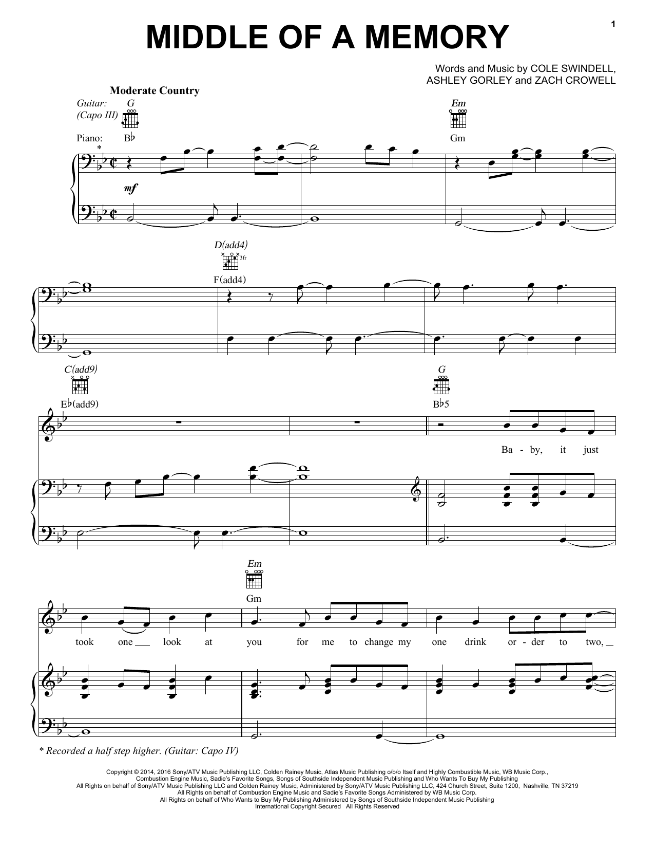 Cole Swindell Middle Of A Memory sheet music notes and chords arranged for Piano, Vocal & Guitar Chords (Right-Hand Melody)