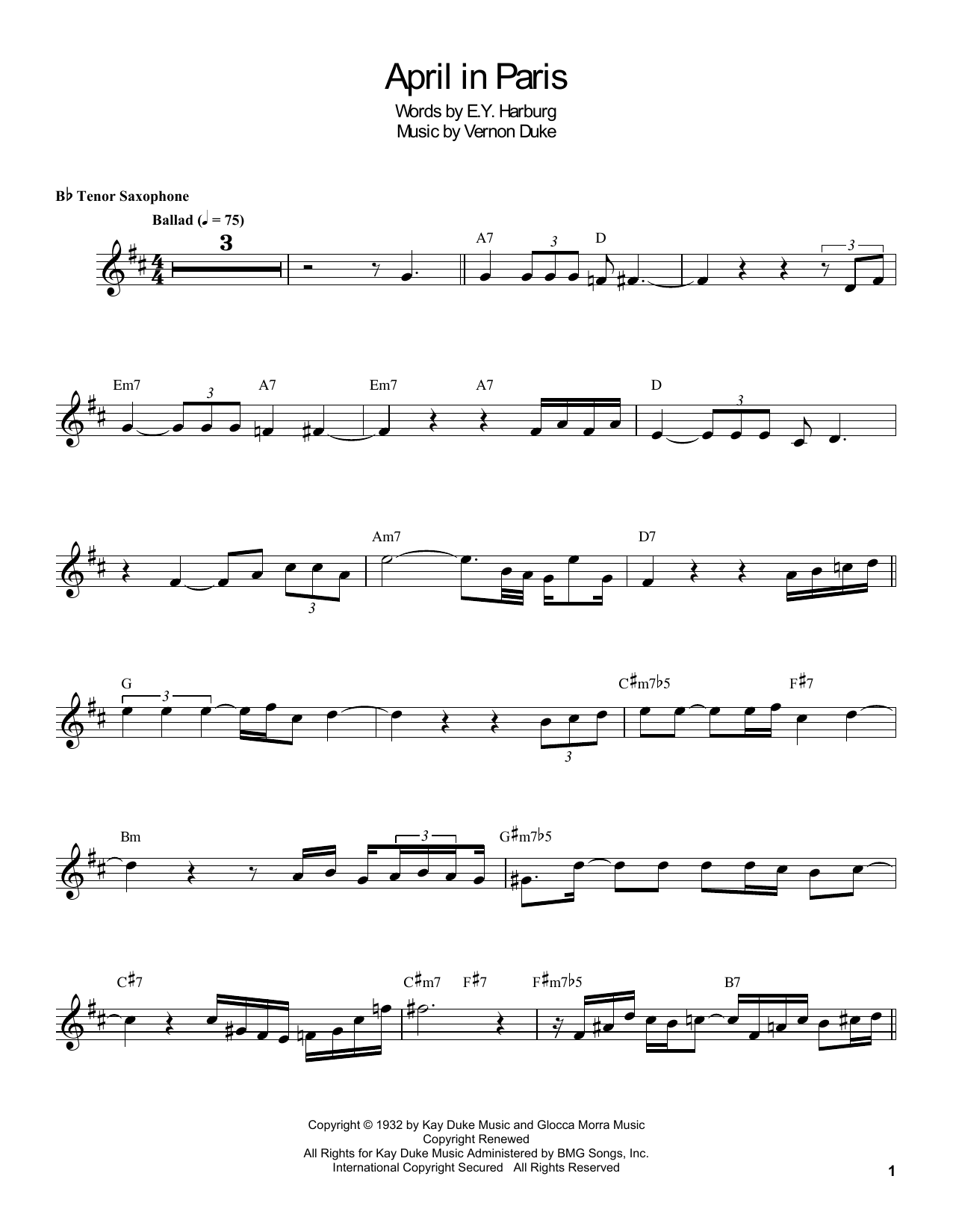 Coleman Hawkins April In Paris sheet music notes and chords arranged for Tenor Sax Transcription