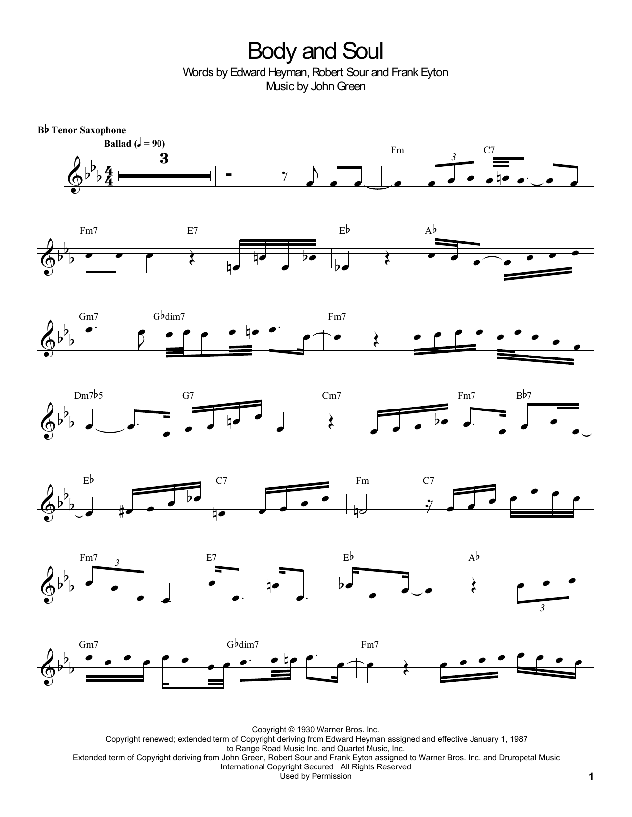 Coleman Hawkins Body And Soul sheet music notes and chords arranged for Tenor Sax Transcription