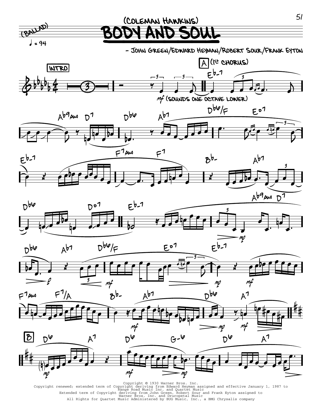 Coleman Hawkins Body And Soul (solo only) sheet music notes and chords arranged for Real Book – Melody & Chords