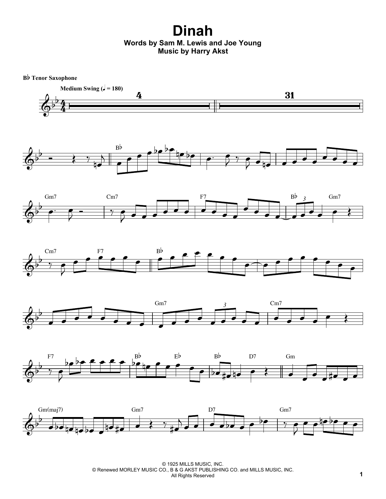 Coleman Hawkins Dinah sheet music notes and chords arranged for Tenor Sax Transcription